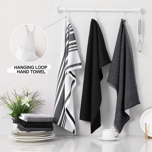 Homaxy Premium Kitchen Towels(18”x 28”, 6 Pack), Large Cotton 380 GSM Kitchen Hand Towels, Soft and Absorbent Terry Dish Towels, Multipurpose Tea Towel Set with Hanging Loop, Black
