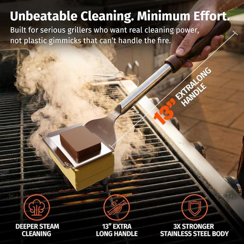 East Oak Bristle-Free Grill Brush - 2mm Stainless Steel Rod & Heat-Resistant Sponge Head | Safe for Cast Iron & Stainless Steel Grates