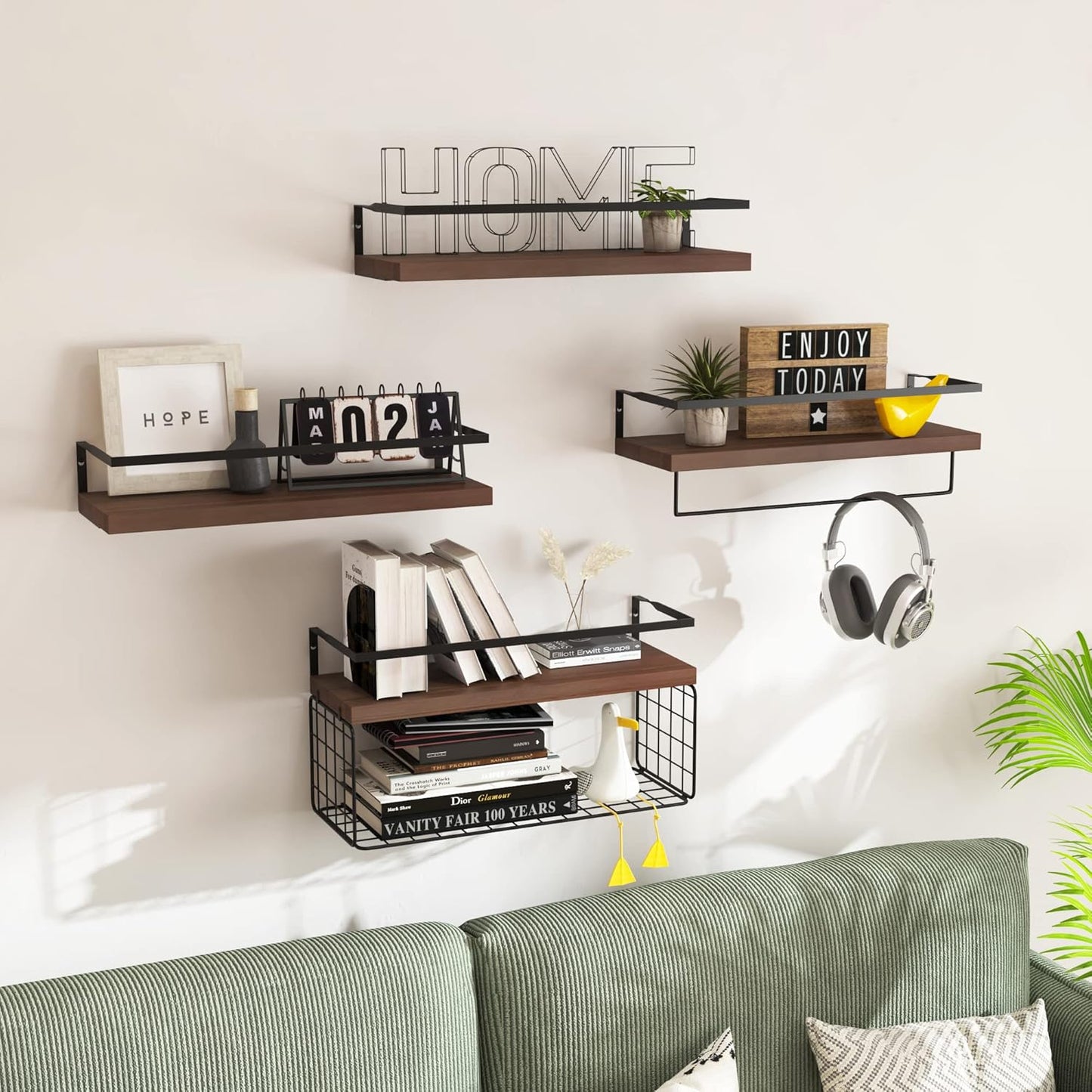 Wood Floating Shelves - Rustic 4-Tier Wall-Mounted Bathroom Shelves with Wire Basket & Towel Bar