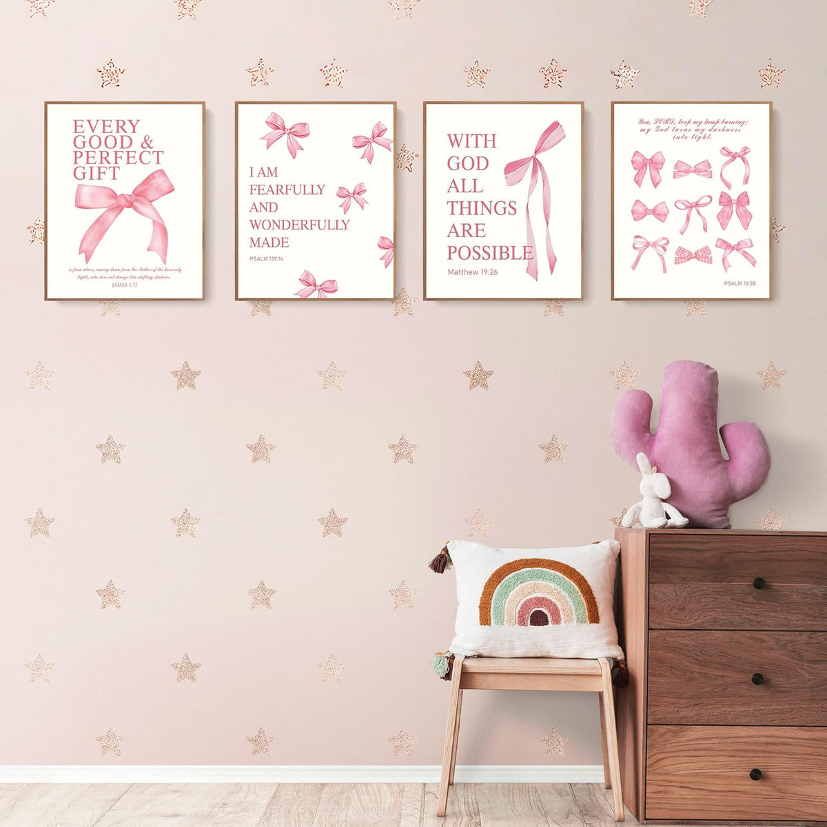 LARTSFRO Coquette Pink Bow Wall Art Decor - Inspirational Bible Verses | Set of 4 Unframed 10x8 Inch Prints for Teen Girls