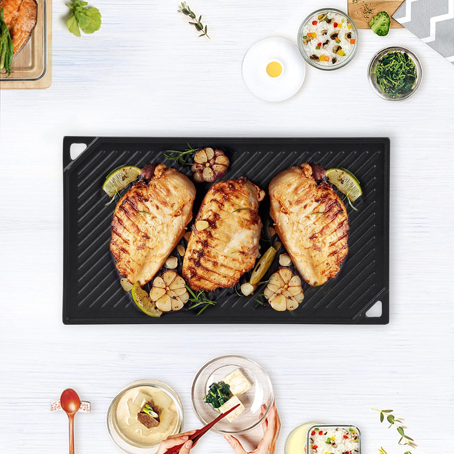 GasSaf Cast Iron Reversible Griddle, 16.5 Inch x 9.5 Inch Double Sided Grill Pan Perfect for Gas Grills and Stove Top