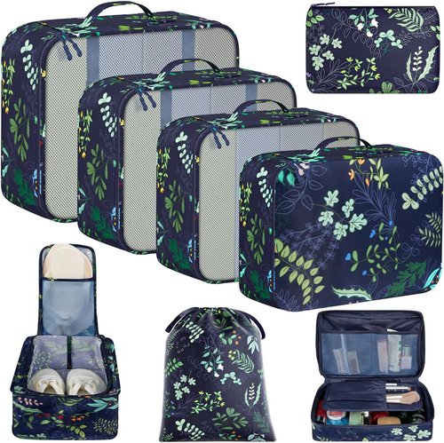 BAGAIL Packing Cubes Set - 8 Travel Organizers for Efficient Luggage Packing | Navy Leaf Design