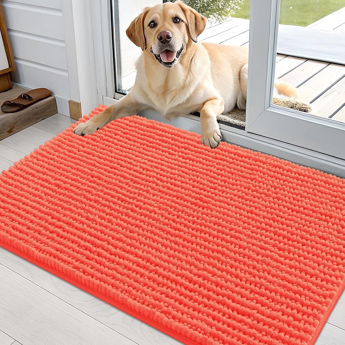 OLANLY Dog Door Mat - Ultra Absorbent Chenille Mud Doormat, Non-Slip & Washable, 36x24, Coral