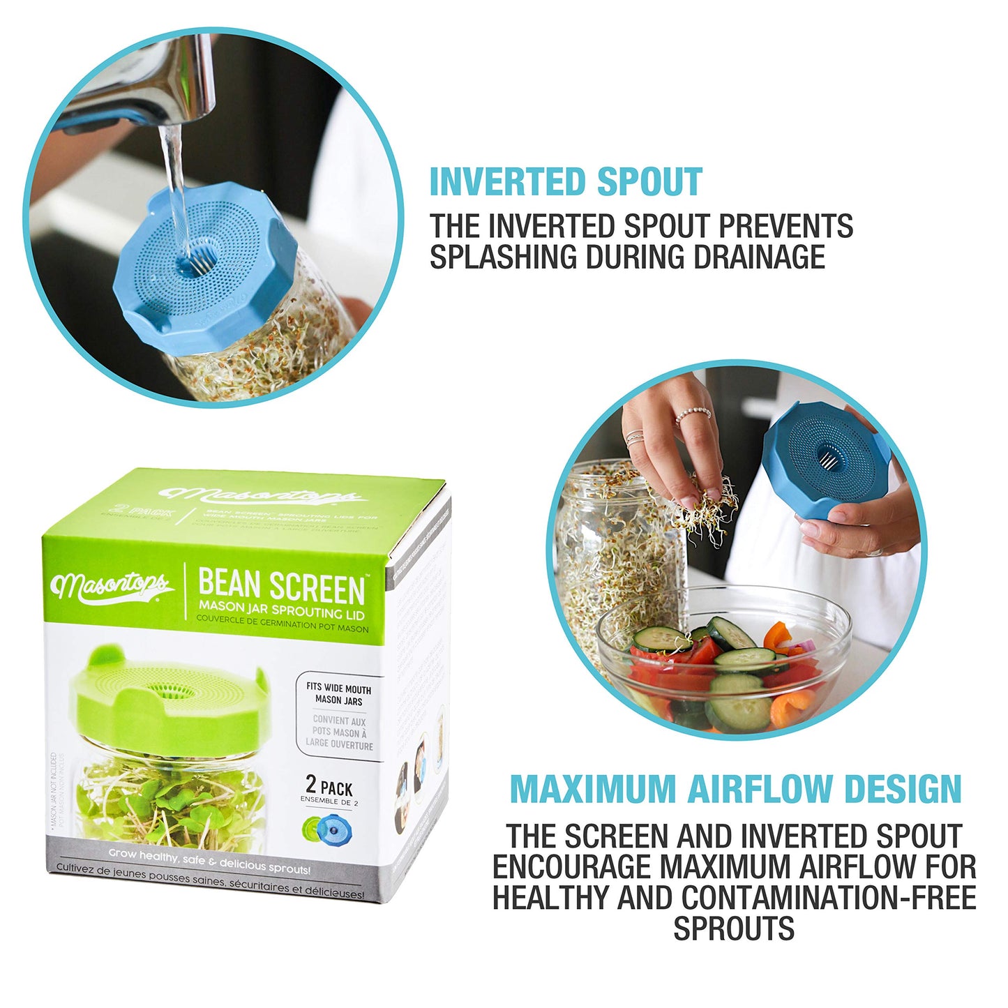 Masontops Bean Screen Sprouts Growing Kit - Sprouting Lids & Sprout Mixes Microgreens Growing Kit - Sprouting Kit Wide Mouth Mason Jar Strainer Lid