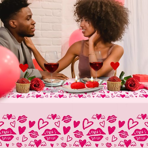 Childom 2 Pcs Valentines Day Tablecloths for Valentines Day Decorations,54" x 108" Disposable Plastic Tablecloths,Rectangle Lip Table Cover for Party Decorations Mothers Day Anniversary Birthday