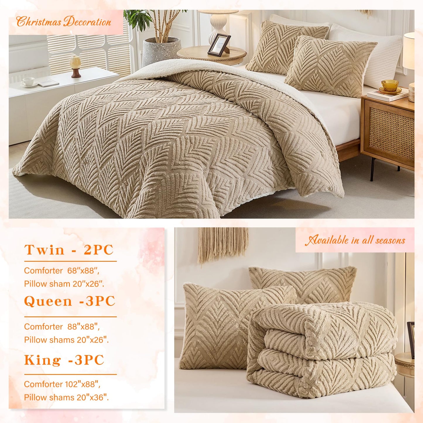 Tan Fluffy Sherpa Queen Size Blanket, Fuzzy Cozy Soft Faux Fur Bed Blanket with Pillowcases, Shaggy Velvet Thick Warm Plush Bedding for Winter (Tan, 88x88 inches + 2 Pillowcases)