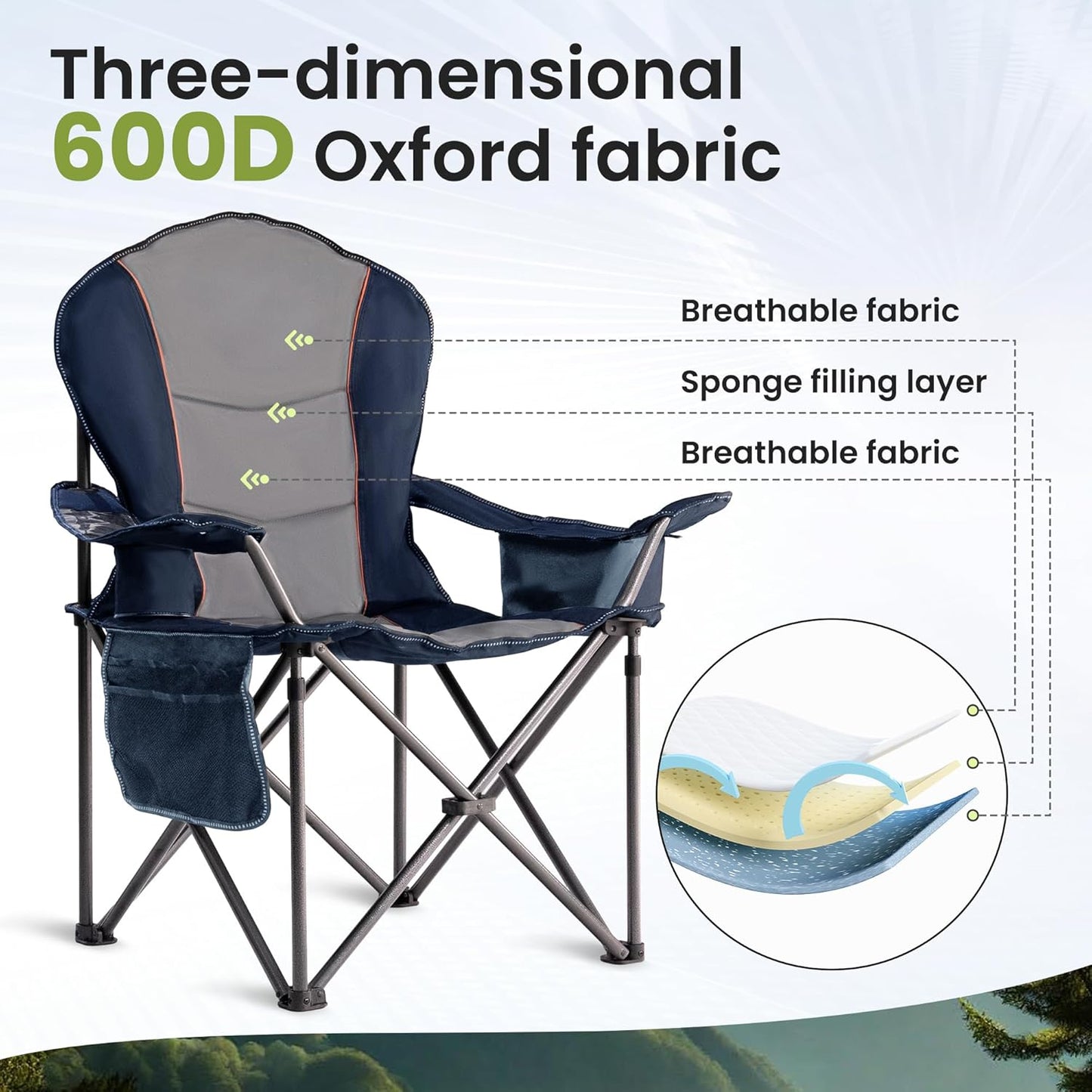 Skiennix Oversized Camping Chair - Heavy Duty Portable Folding Design with Cup Holder & Waterproof Phone Case | Blue & Gray, XL