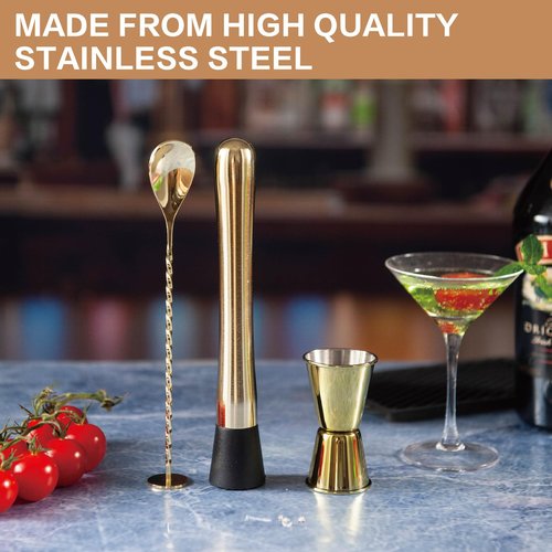 JNWINOG 3-Pcs Gold Muddler & Mixing Tools Set, 10" Muddler, 12" Cocktail Spoon & 1 oz/2 oz Double Jigger, Bar Tool Set for Beverages
