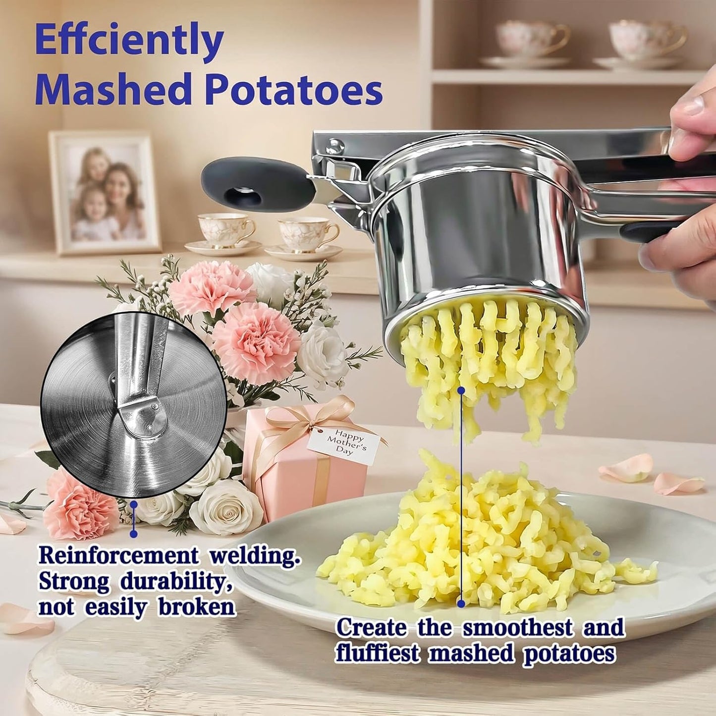Skiennix Potato Ricer - Heavy Duty Stainless Steel Masher with 3 Interchangeable Discs for Fluffy Mashed Potatoes | Ideal for Gnocchi & Spaetzle