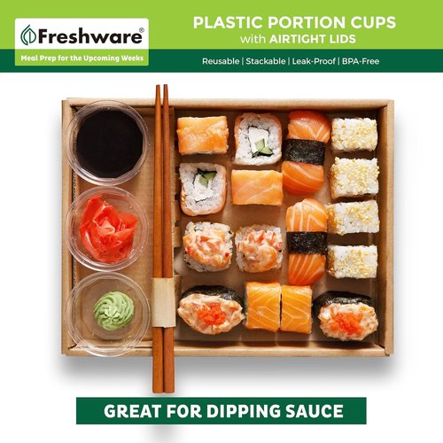 Freshware Plastic Portion Cups - 2 Ounce Disposable Cups with Lids for Meal Prep & Sauces | 200 Sets