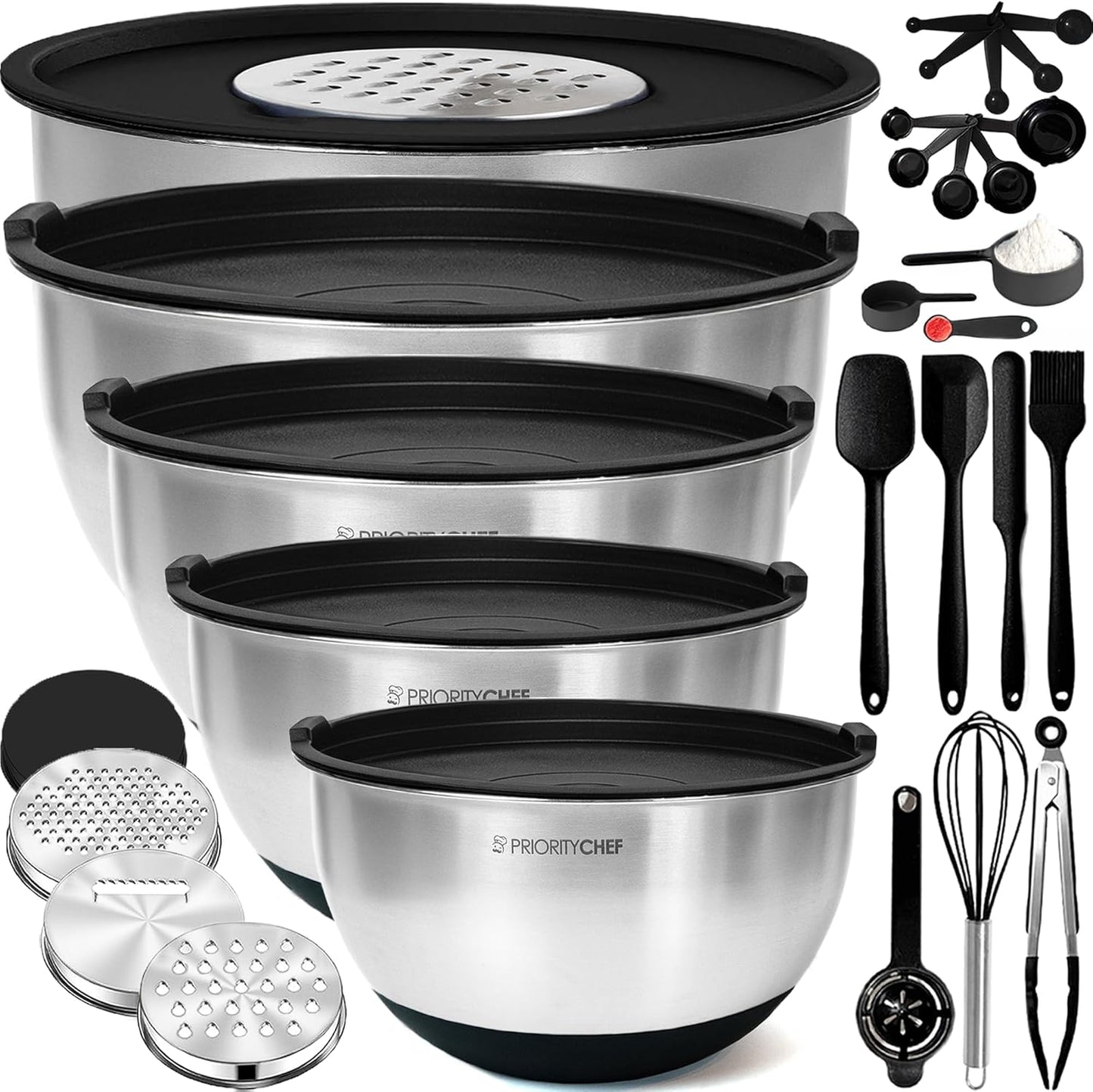 Priority Chef Stainless Steel Mixing Bowls Set - Airtight Lids, Non-Slip Base & Utensil Set | Black