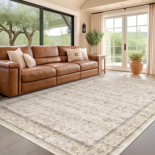 Beige Floral Washable Area Rug - 7x9 Non-Slip Carpet for Living Room, Dining Room & Bedroom Décor