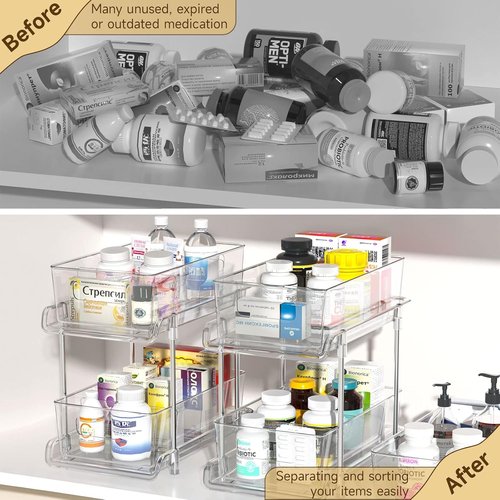 HIHEGD 2-Tier Bathroom Organizer - Clear Under Sink & Pull-Out Cabinet Storage Solution