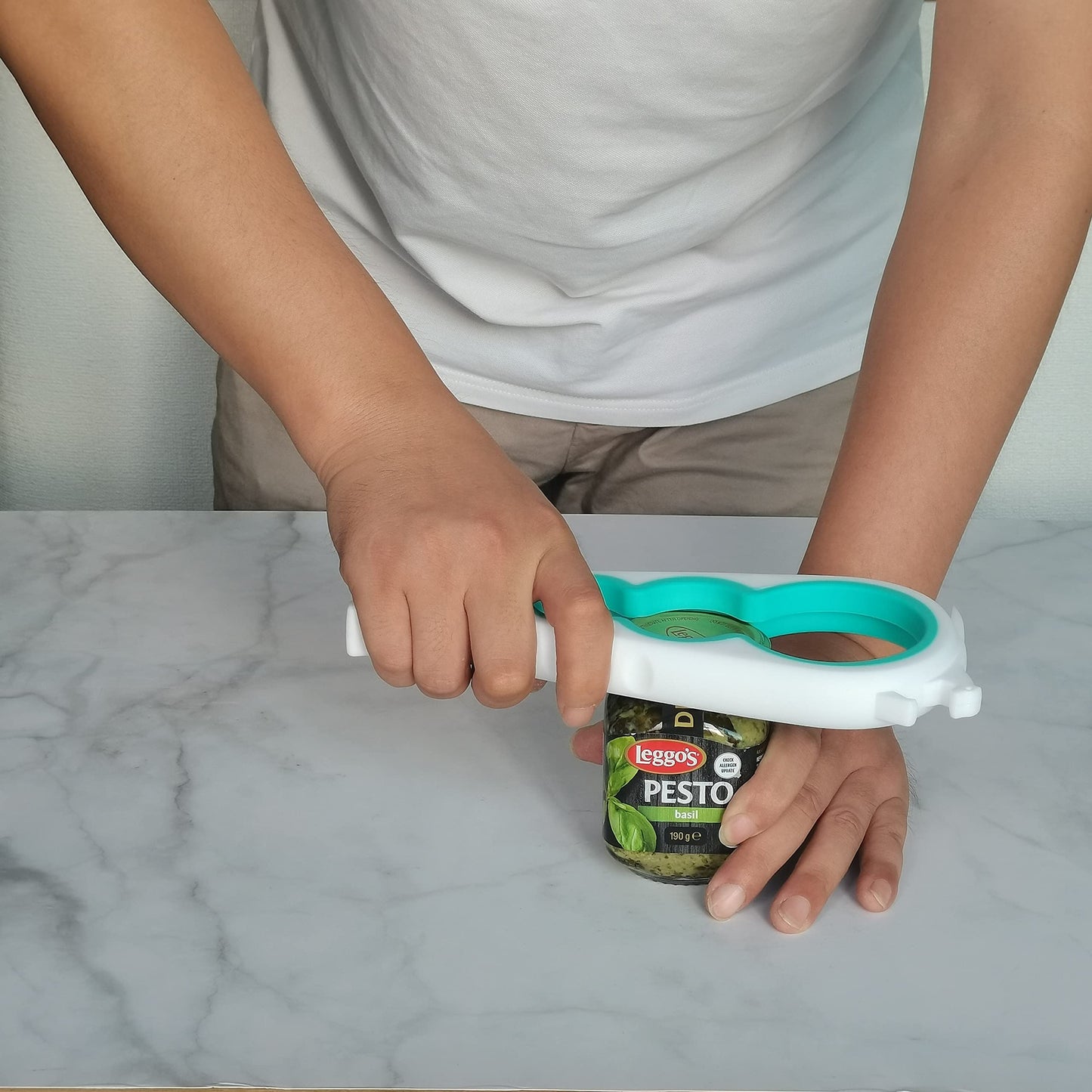 Otstar Jar Opener Bottle Opener and Can Opener for Weak hands, Seniors with Arthritis and Anyone with Low Strength, Mutil Jar Opener Get Lids Off Easily (White and Cyan)