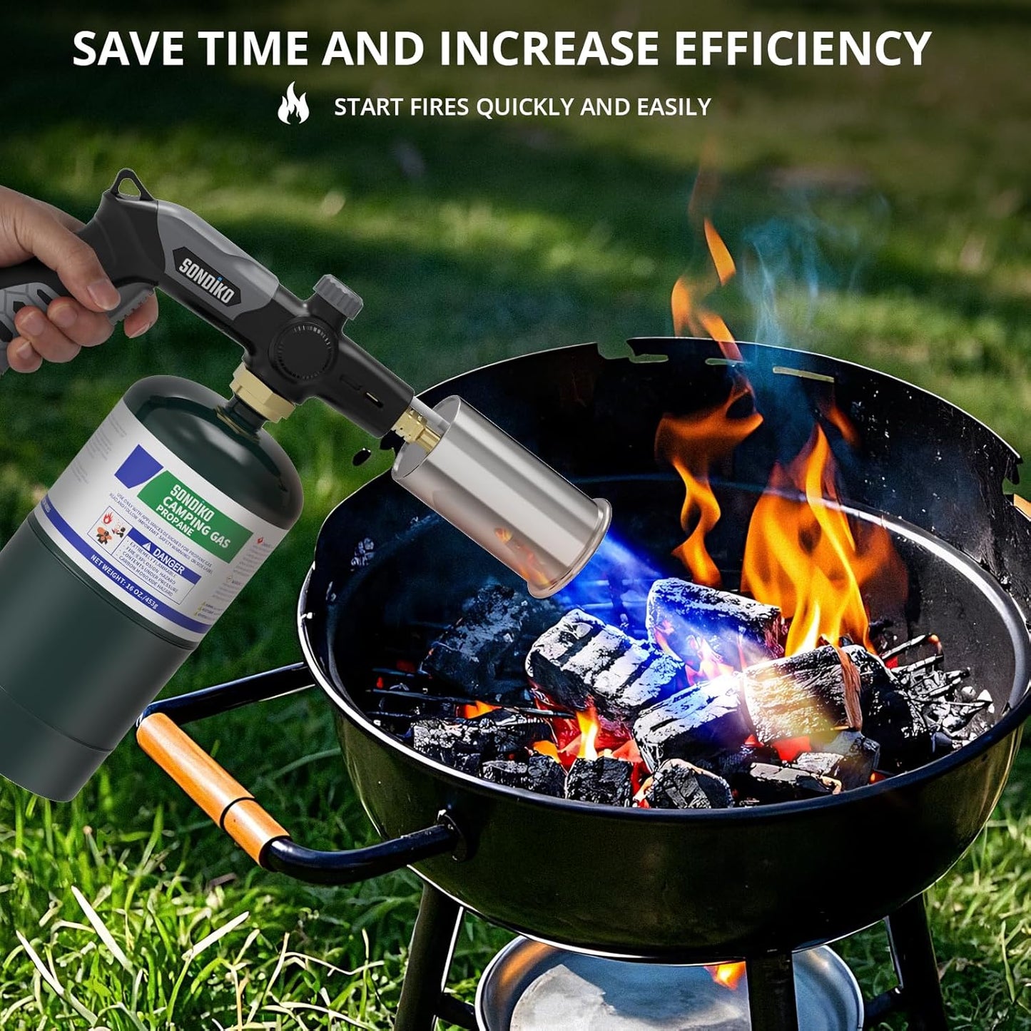 Sondiko Powerful Propane Torch - Adjustable Cooking & Searing Tool for BBQ, Campfire | Black & Grey