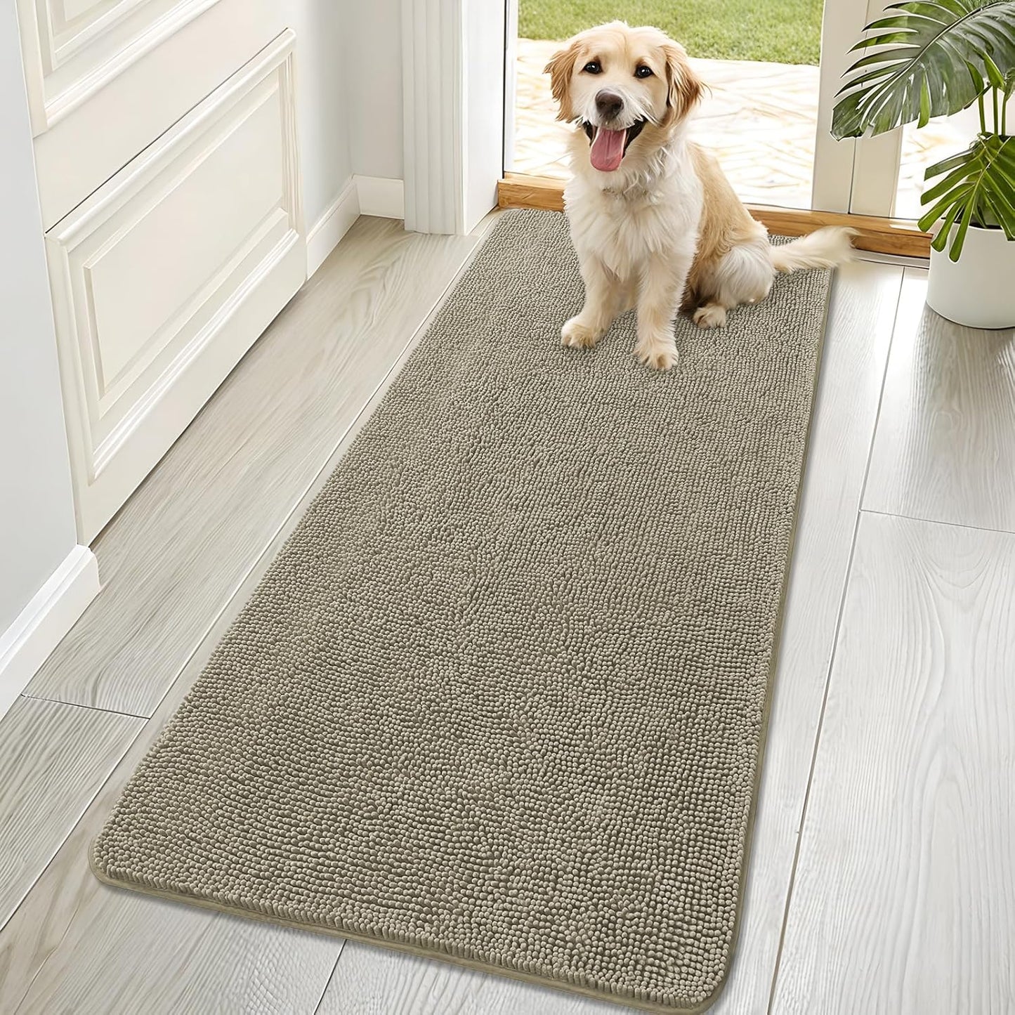 OLANLY Dog Door Mat - Absorbent Non-Slip Mud Mat for Indoor Use | 70x32, Quick Dry Chenille, Warm Taupe