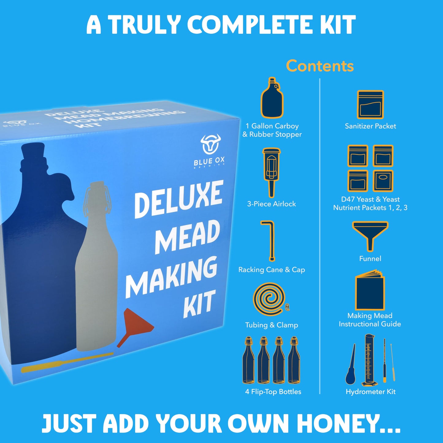 Blue Ox Brewing DELUXE Mead Making Kit with Storage Bottles, Hydrometer & Extra Yeast Nutrients - Honey Wine Making Kit - Mead Kit Complete - Mead Supplies for 1 Gallon of Mead – Mead Brewing Kit