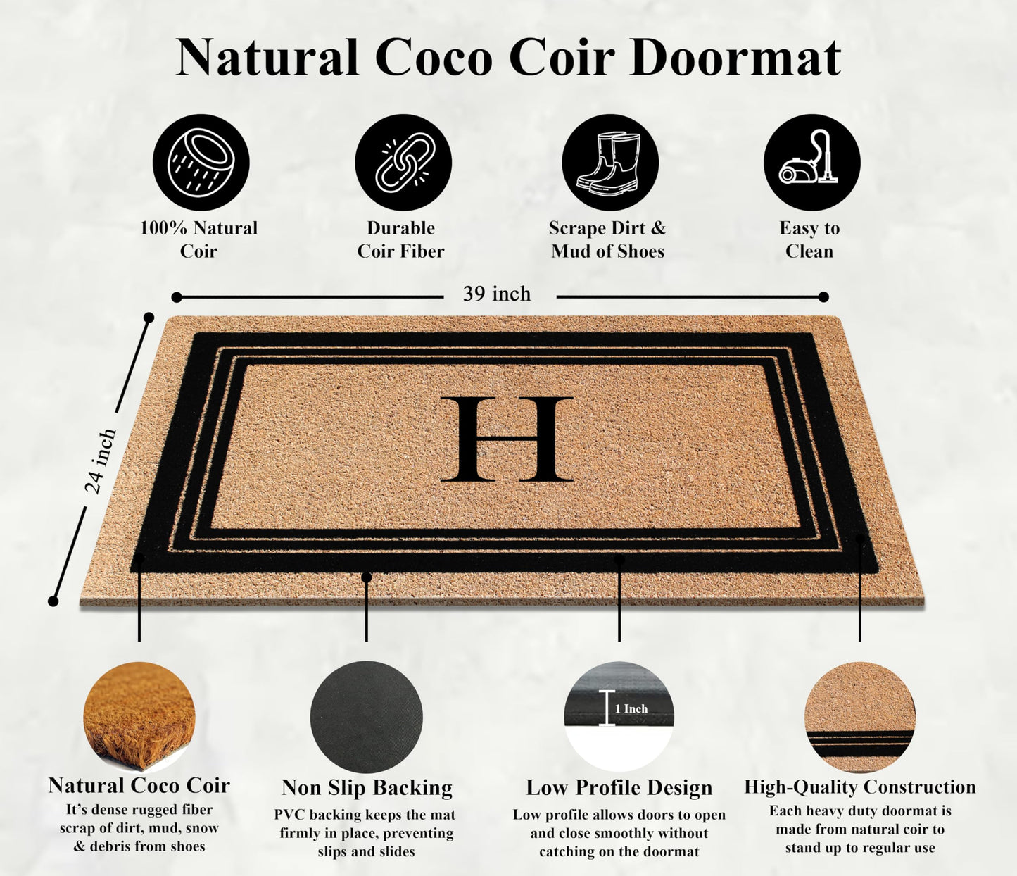 A1HC Natural Coir Flock Monogrammed Door Mat for Front Door 24"x39", Anti-Shed Treated Durable Doormat for Entrance, Heavy Duty, Thin Profile, Easy to Clean, Long Lasting, Front Door Entry Doormat