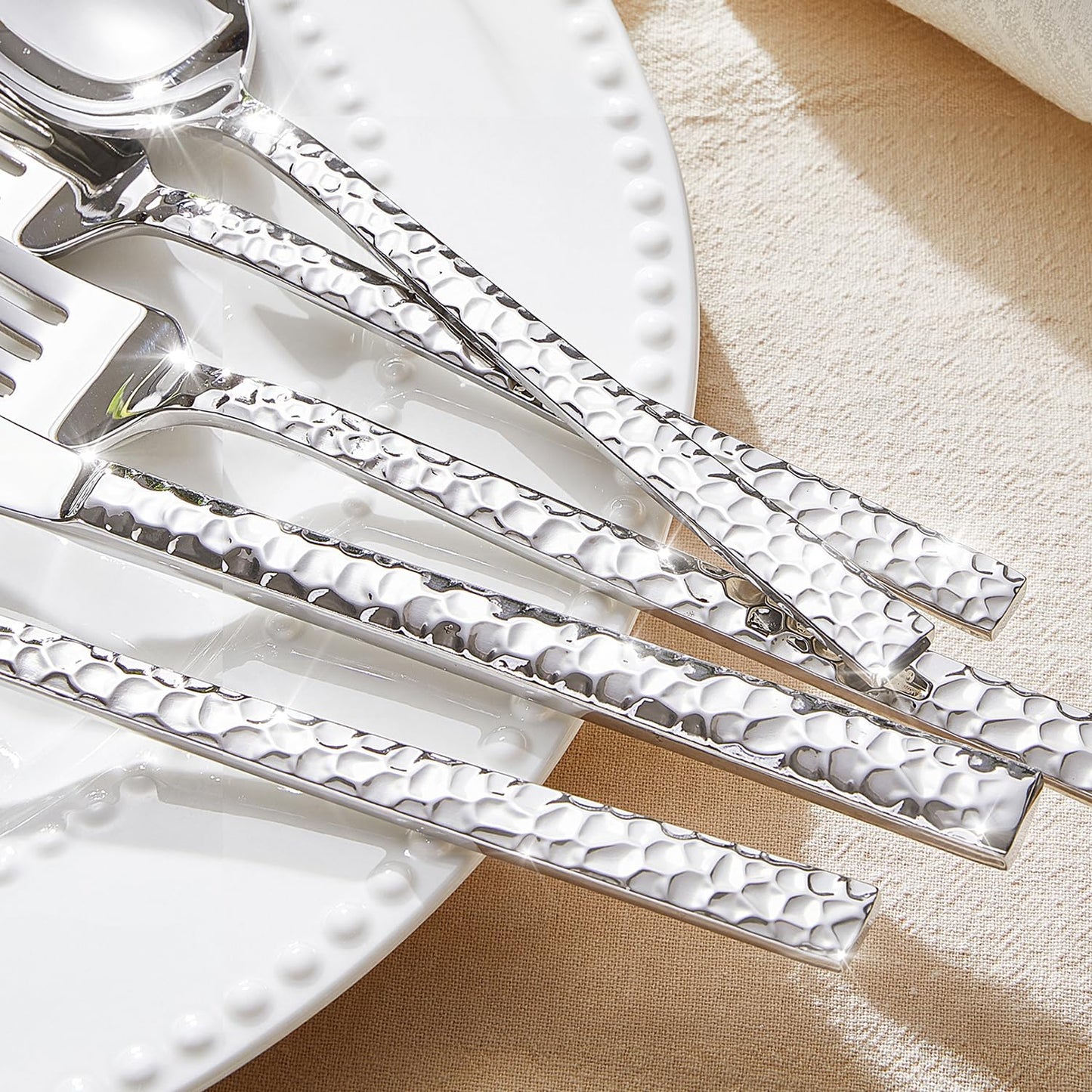 KINGSTONE 60 Piece Hammered Silverware Set, 18/10 Stainless Steel Flatware Set for 12, Cutlery Set for Home, Party, Wedding, Mirror Polished Dishwasher Safe