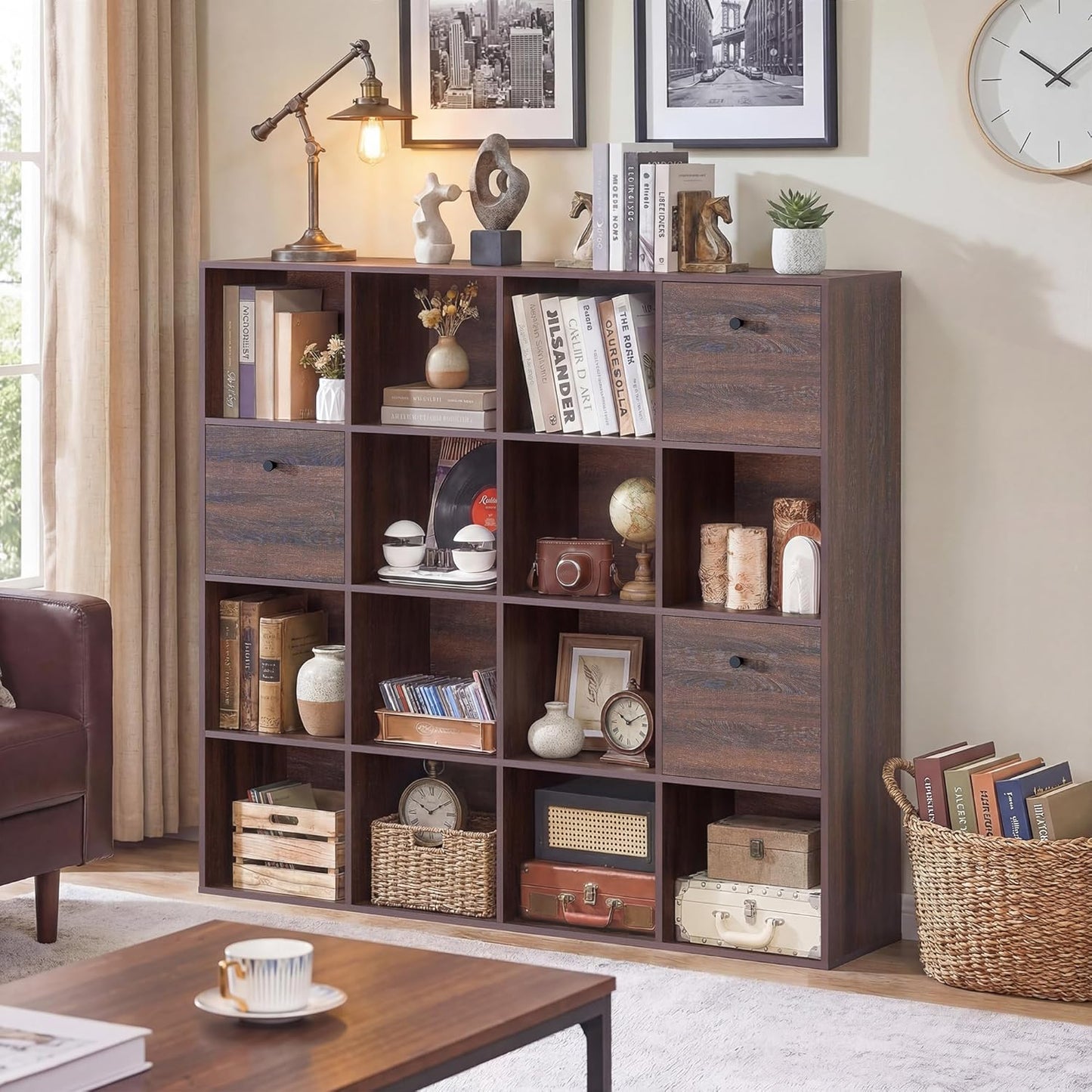 Walnut 16-Cube Storage Organizer - Stylish Wooden Bookcase with 3 Drawers | 47" Wide Freestanding Shelf for Home Office & Library