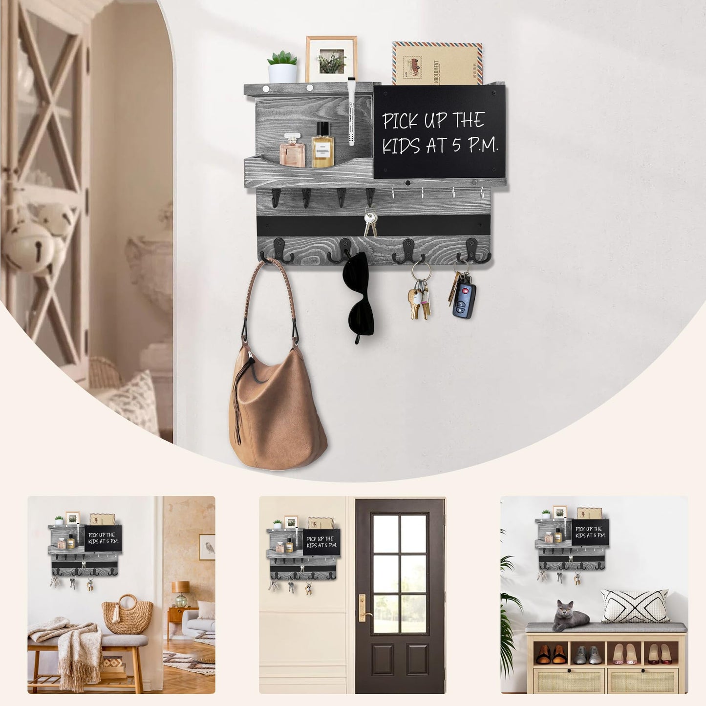 HEKOOLA Farmhouse Key and Mail Holder for Wall Decorative, Mail and Key Organizer for Wall with Different Hooks, Chalkboard, Home Decor with Shelf, Basket, Clips(Pine Wood,Washed Gray)