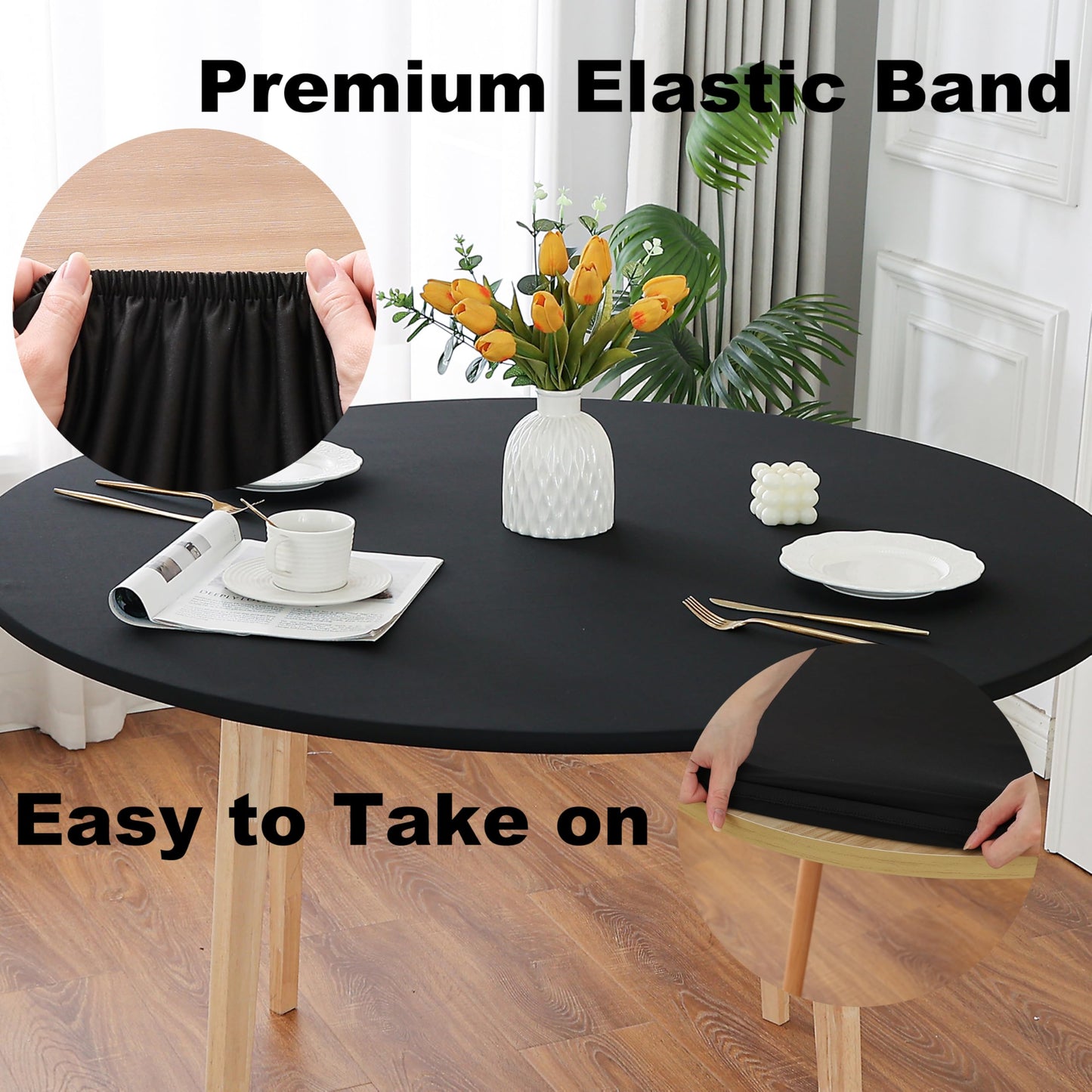 Limalred Fitted Spandex Round Tablecloth, Soft Skin Friendly Non Pilling Breathable Fabric Table Cover with Elastic Band for Dining Gathering Party Banquet Decoration 48 Inch Black