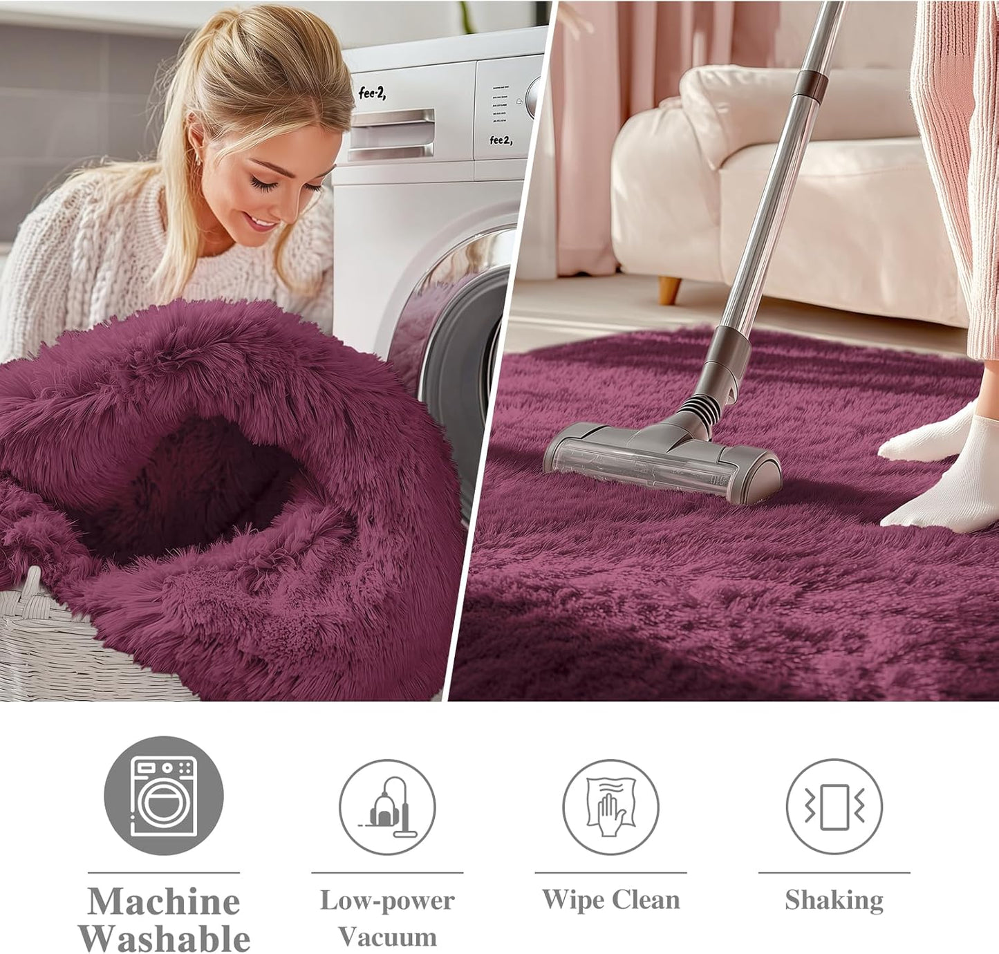 OLANLY Round Burgundy Area Rug - Soft, Fluffy, Machine Washable 5 ft Circle Carpet for Bedroom & Living Room