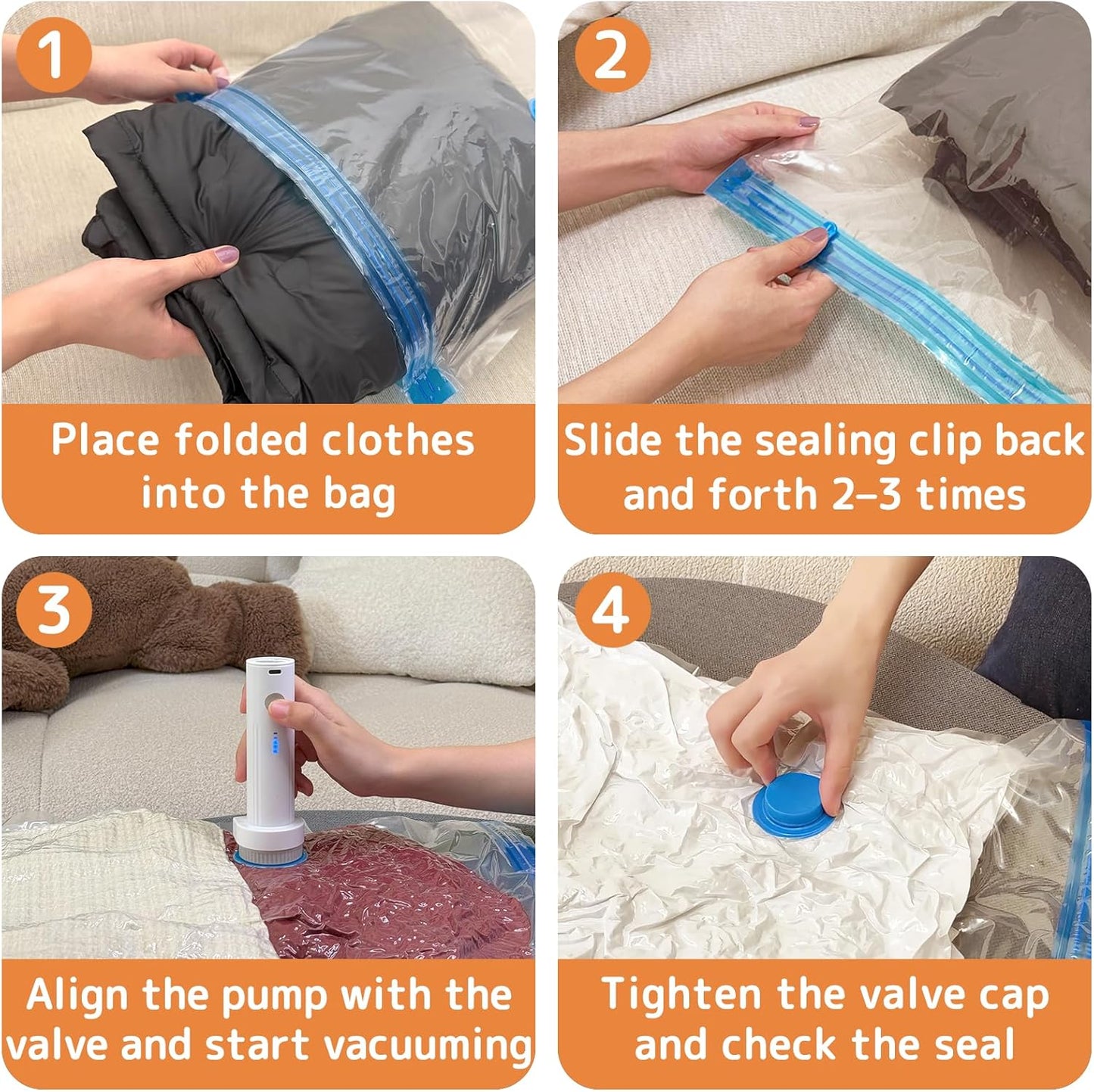 Skiennix Vacuum Bags - 12 Pack Travel Compression Bags with Rechargeable Air Pump | Space Saver for Luggage