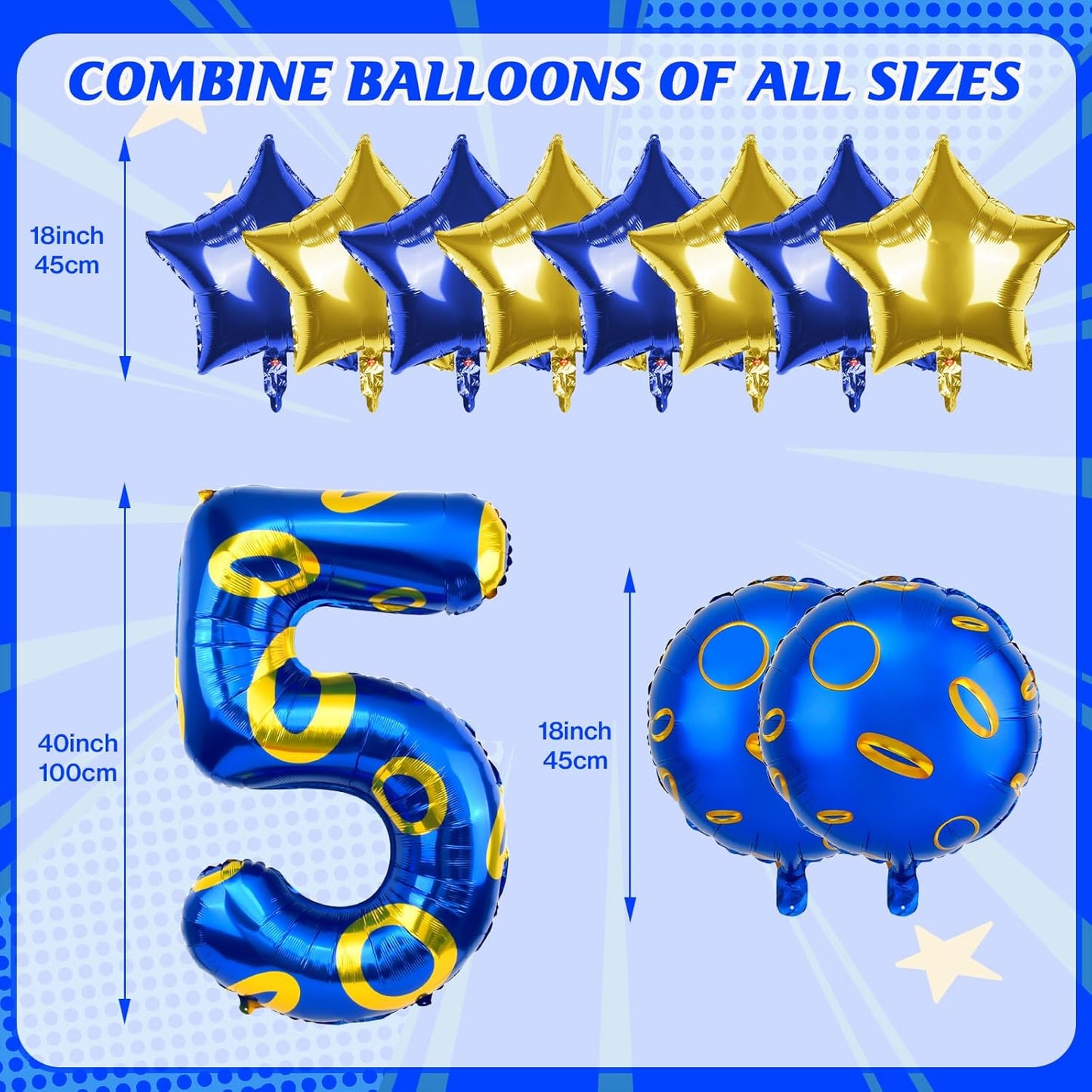 Regine Switzerland Number 5 Balloon - 40 Inch Blue & Gold Foil Helium Balloon for 5th Birthday Party Decorations