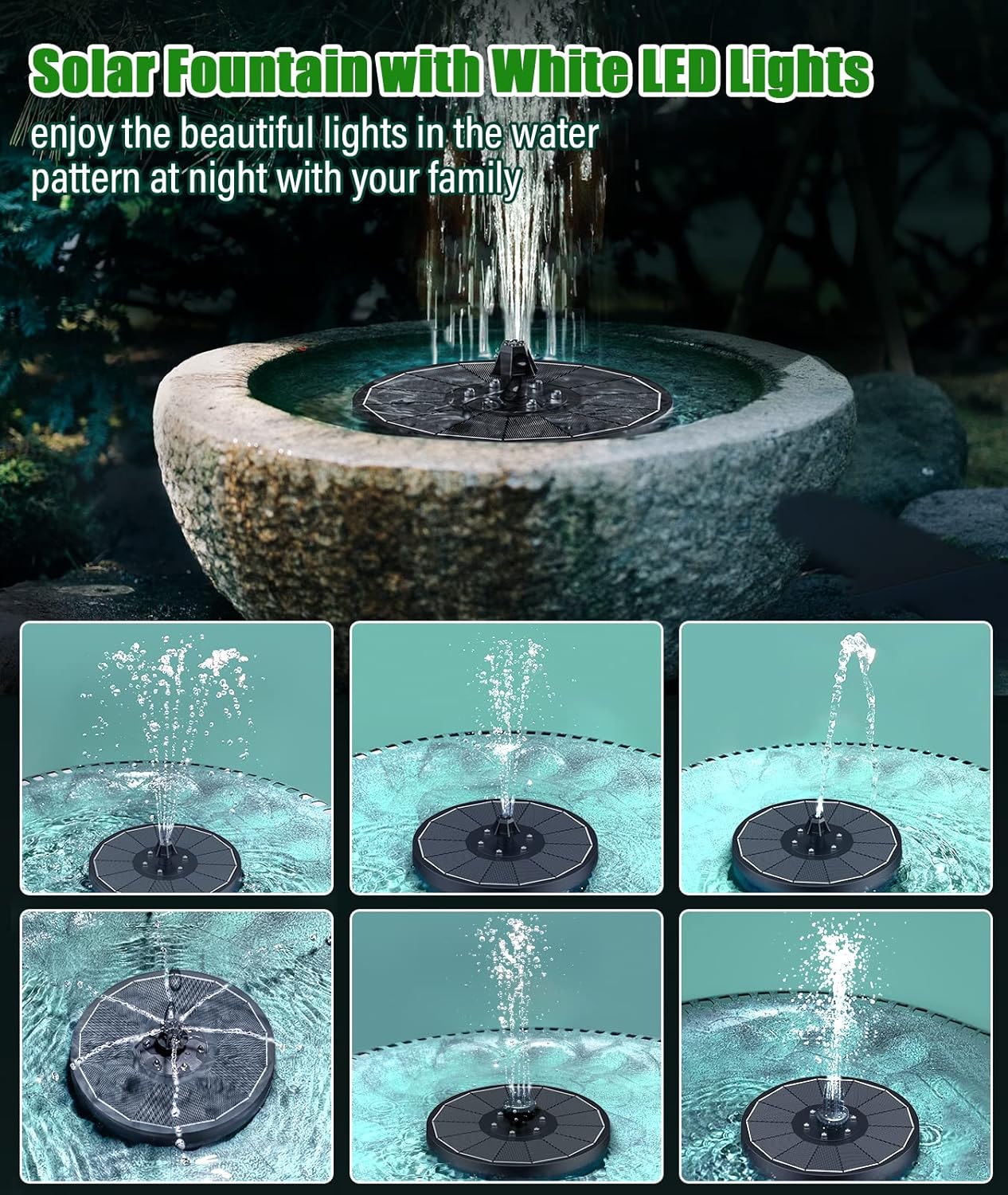 SZMP Solar Water Fountain - Upgraded 100% Glass Panel, 3.5W Solar Pump with 7 Nozzles & 2000mAh Battery | Ideal for Bird Baths & Ponds