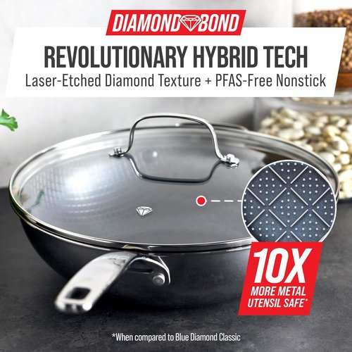 Blue Diamond Hybrid Nonstick 12” Wok - PFAS-Free Ceramic Stir-Fry Pan with Lid, Induction Ready, Silver