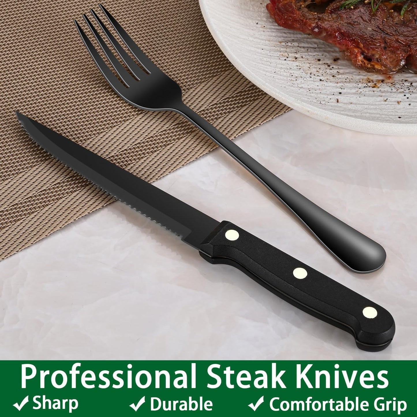 Skiennix 24-Piece Black Silverware Set - Food-Grade Stainless Steel Cutlery for 4 | Mirror Finish
