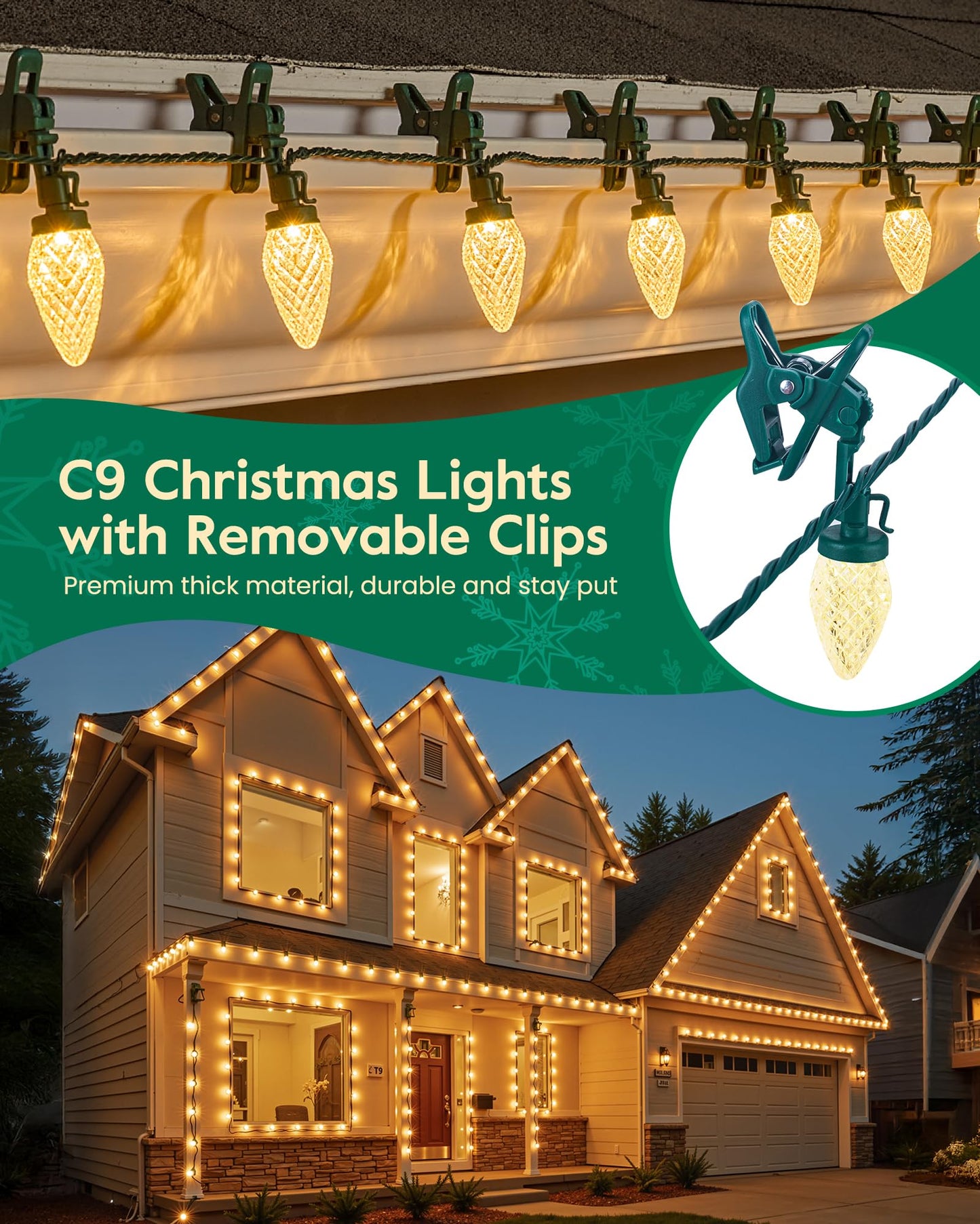 C9 Christmas Lights Outdoor with 100 Spring Clips, 65FT 100 LED C9 String Lights Waterproof Connectable for Roofline Patio House Yard Windows Indoor Outdoor Christmas Decorations, Warm White 2 Pack