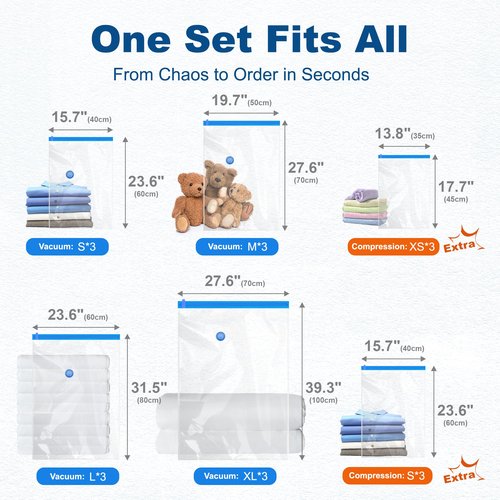 HOUSE DAY 18 Pack Vacuum Storage Bags with Electric Pump, Valve, Space Saver Vacuum Seal Bags for Clothing, Comforters, and Travel Essentials 3 Jumbo,3 Large,3 Medium,3 Small/3 Small,3 XS Roll Up Bag