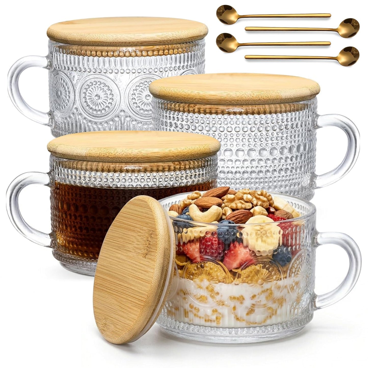 DOPUDO Vintage Glass Coffee Mugs,Overnight Oats Containers With Lids,Glass Cup With Sealed Lid and Spoon,Glass Coffee Mugs,Coffee Bar Accessories,Ideal for Cappuccino, Latte(4-Pack,14oz)