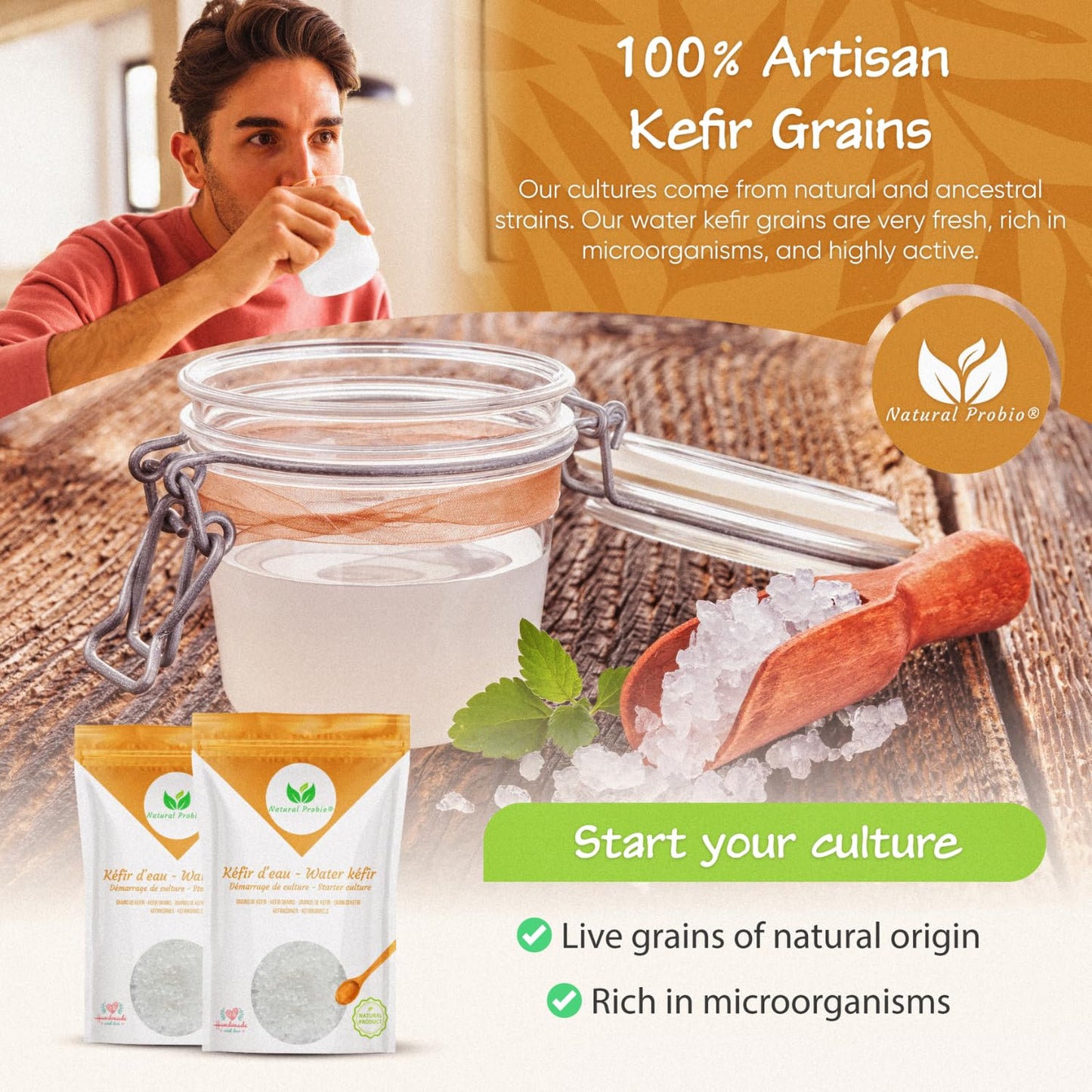 Natural Probio® Water Kefir Grains - Starter Culture Kit – Fruit Kefir + Complete Guide, Recipe & Tips + Ebook Library Access + Customer Support (0.35 oz dehydrated / 2.12 oz rehydrated)