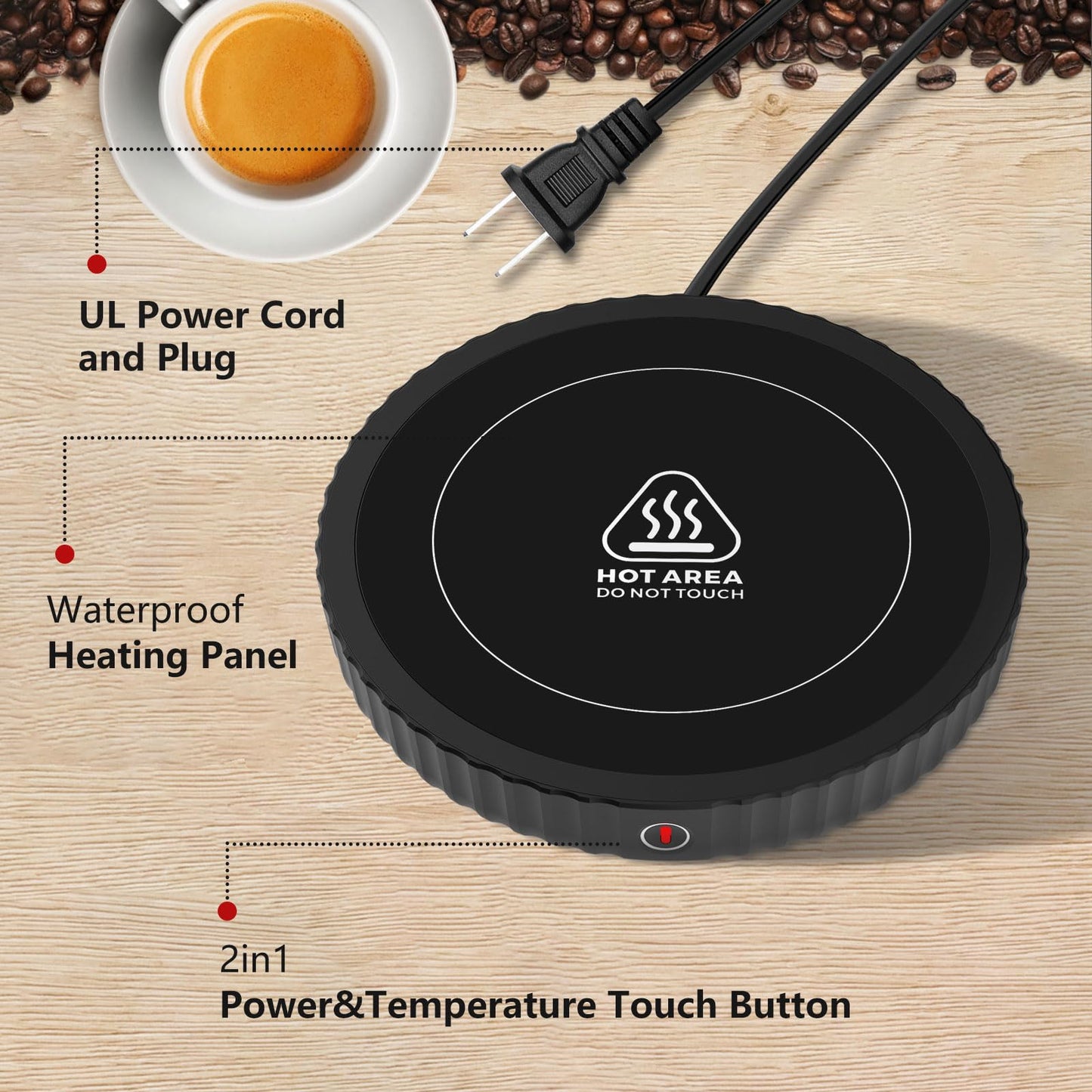 Mug Warmer, Coffee Mug Warmer with Three Temperature Settings, Auto Shut Off Coffee Warmer, Mug Warmer for Desk with Large Heating Plate, Easy to Clean Coffee Cup Warmer for Milk,Tea and Chocolate