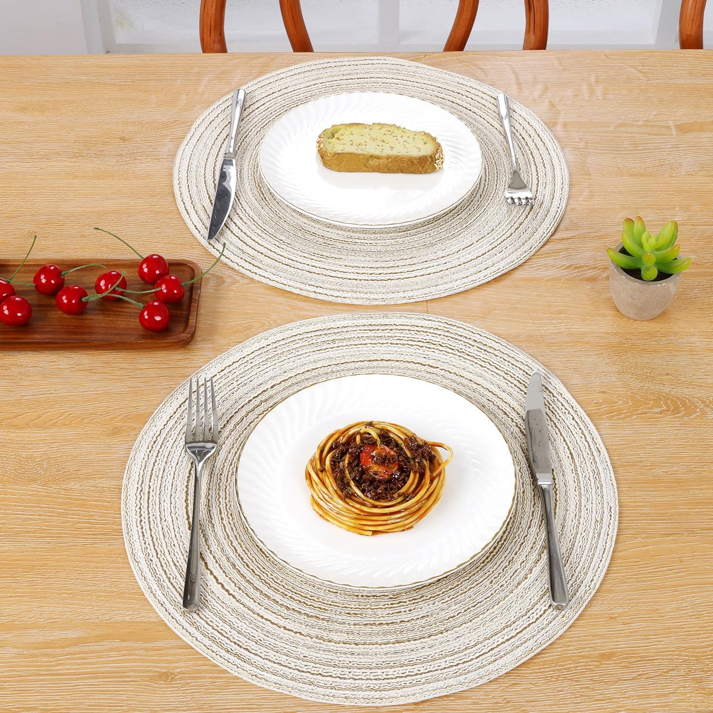 SHACOS Placemats Set of 8 Round Braided Place Mats 15 inch Washable Table Mats for Home Wedding Holiday Party (Ivory, 8)
