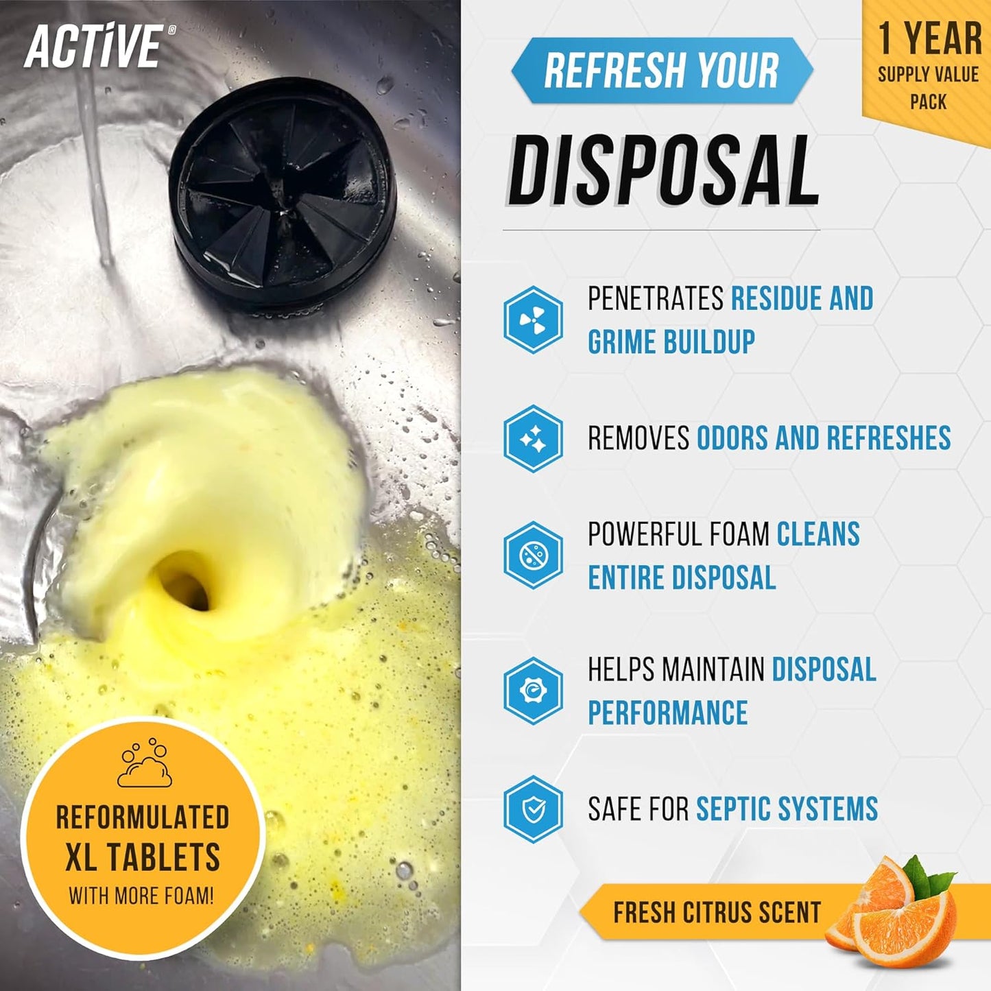 Skiennix Garbage Disposal Cleaner Tablets - Powerful Citrus Foam Deodorizer | 24 Pack for Fresh Kitchen Drain Care