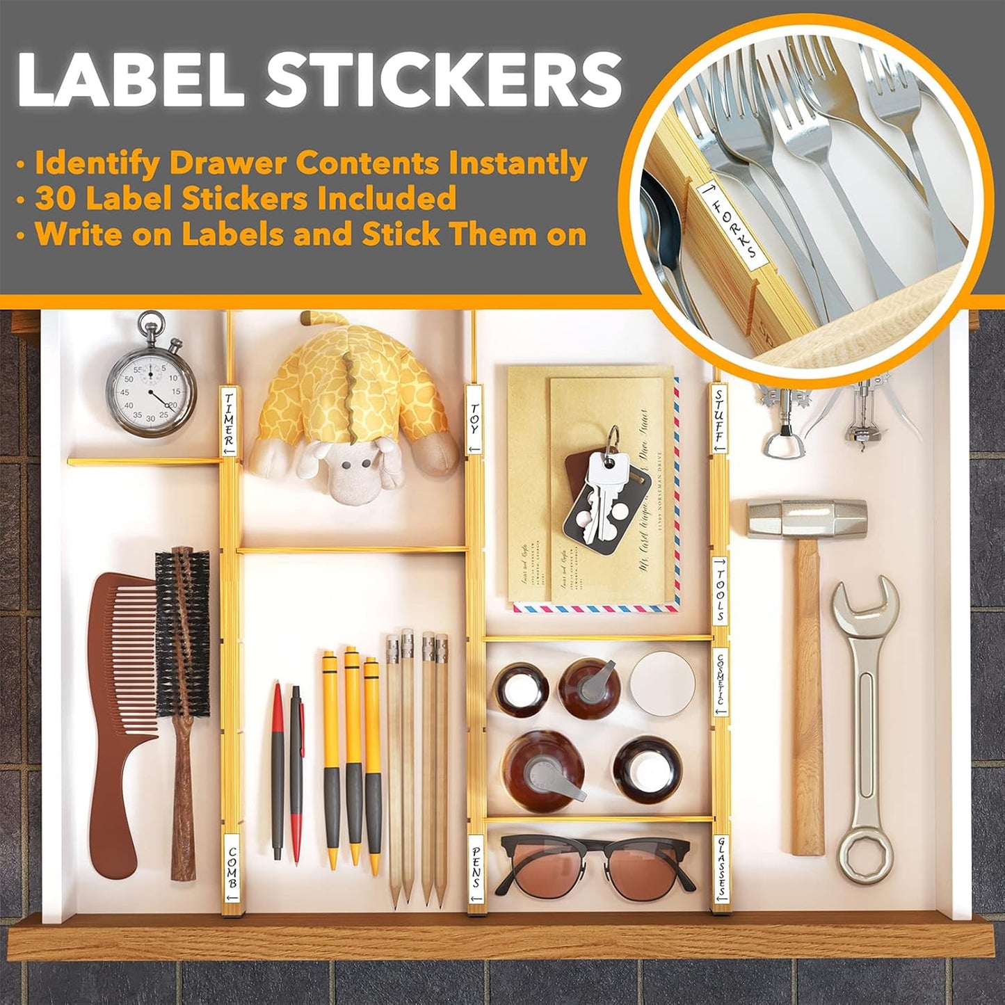 SpaceAid Bamboo Drawer Dividers - Adjustable Kitchen Organizers with Inserts & Labels | 4 Dividers (17"-22") Natural