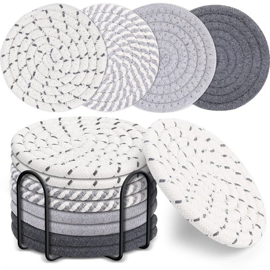 Mckanti 8 Pcs Drink Coasters with Holder, 4 Colors Absorbent Coasters, Minimalist Cotton Woven Coaster Set for Living Room Decor, Tabletop Protection Suitable for Kinds of Cups, 4.3 Inches