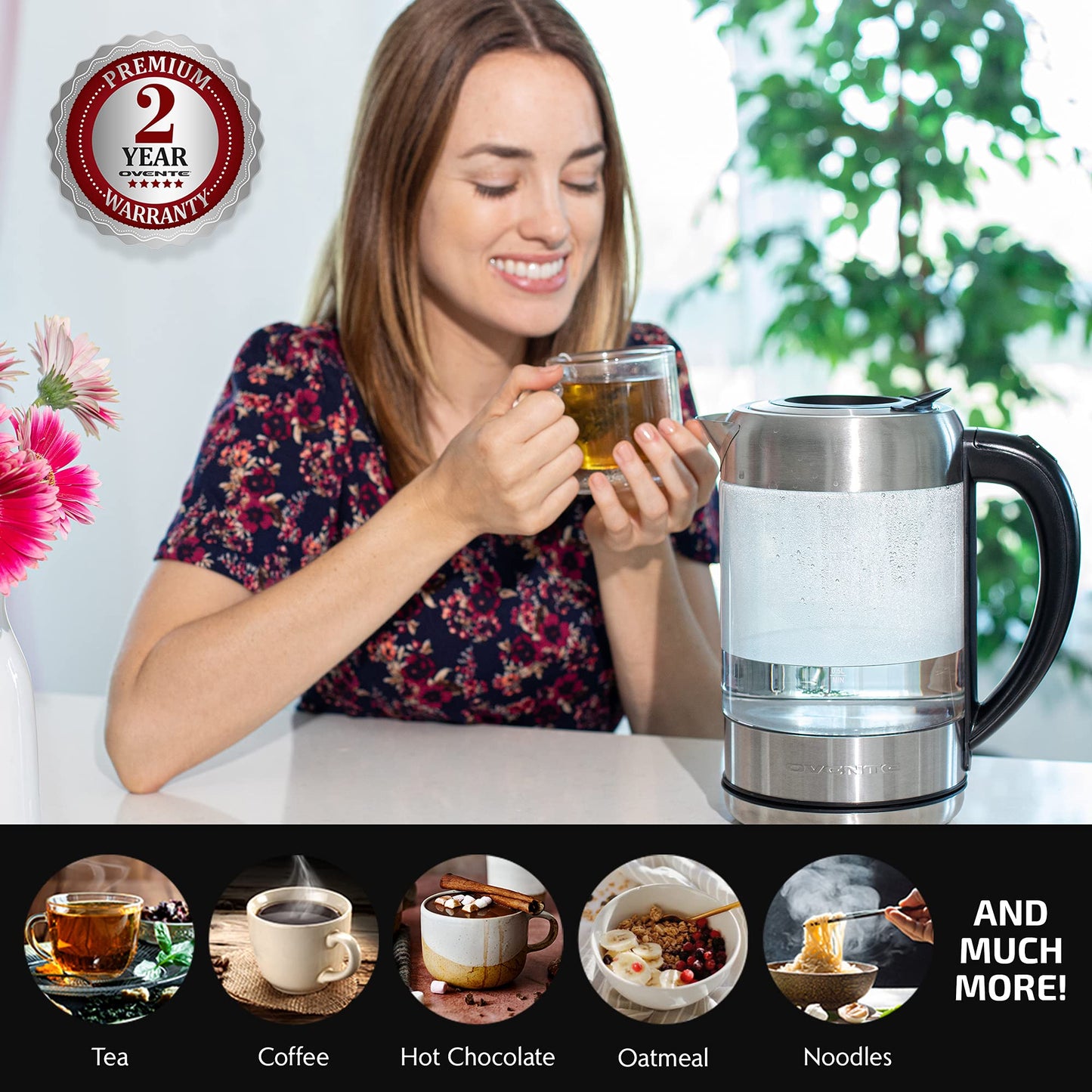 OVENTE Electric Kettle with 1.7L Borosilicate Glass, 1500W Instant Water Boiler and Heater for Coffee or Tea, BPA Free, Easy to Fill Lid, Auto Shut-Off and Boil Dry Protection, Silver KG612S