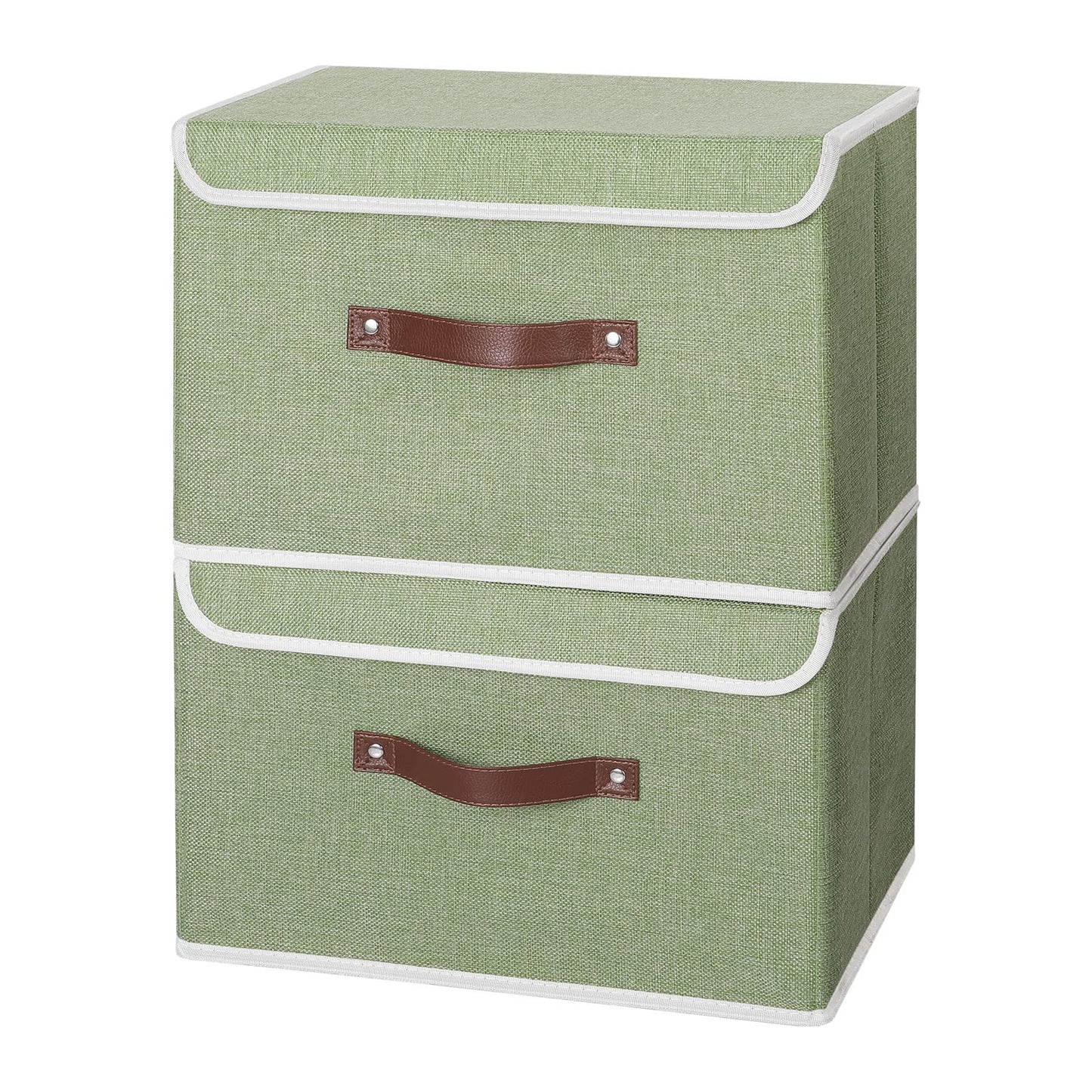 ANMINY 4PCS Storage Bins with Lid PU Leather Handles Storage Boxes PP Plastic Board Decorative Foldable Lidded Cotton Linen Fabric Home Cubes Baskets Closet Organizer Containers - Green, Large Size