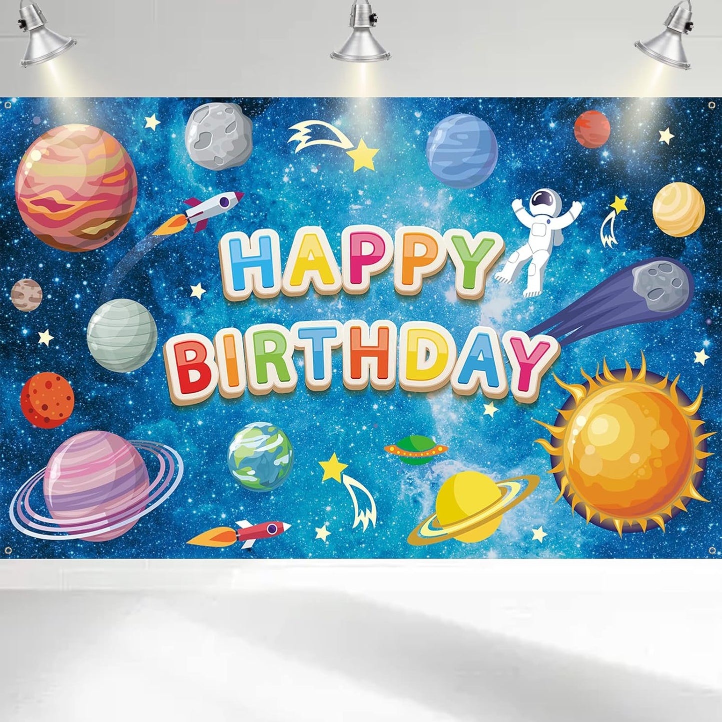 Space Happy Birthday Backdrop Banner - Large Blue Astronaut Decorations for Kids' Galaxy Theme Party