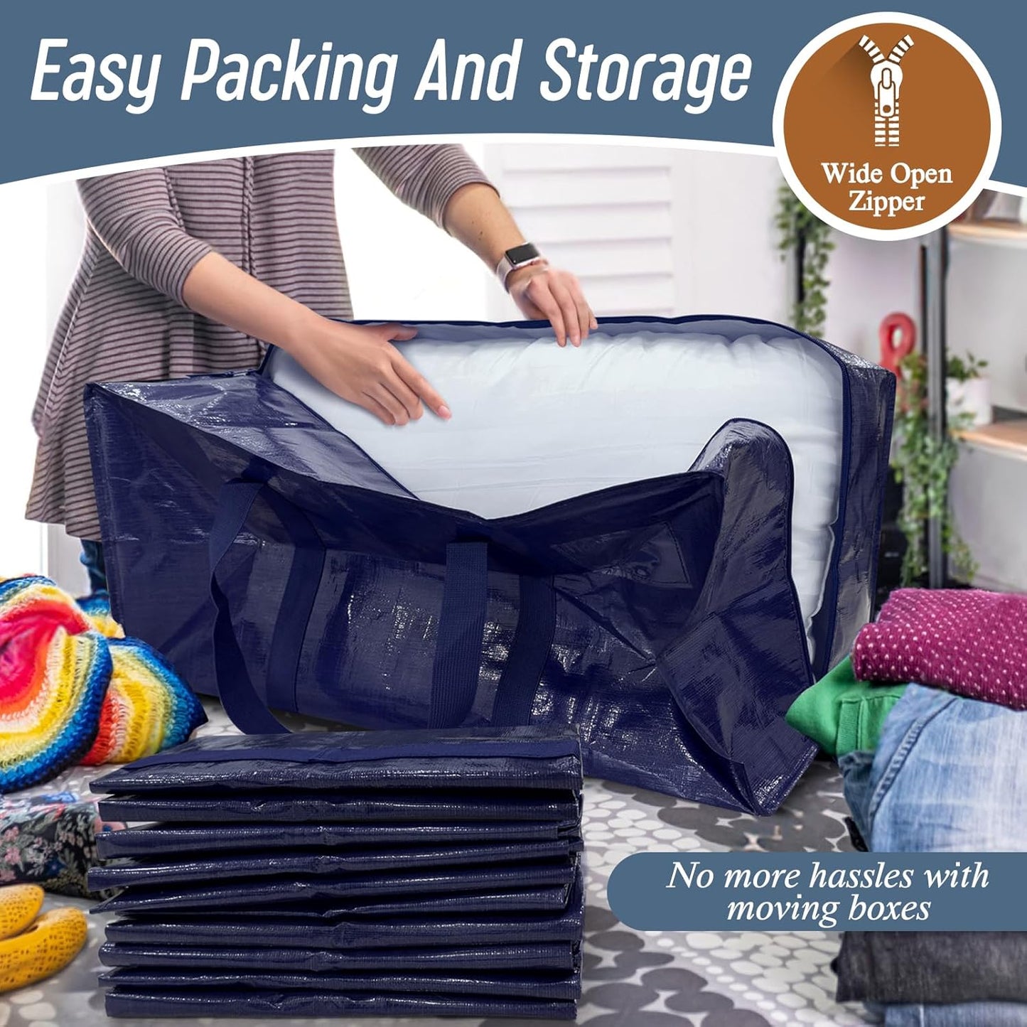 Skiennix Extra Heavy Duty Moving Bags - Large Storage Totes with Strong Zipper & Comfortable Handles | Dark Blue - 6 Pack