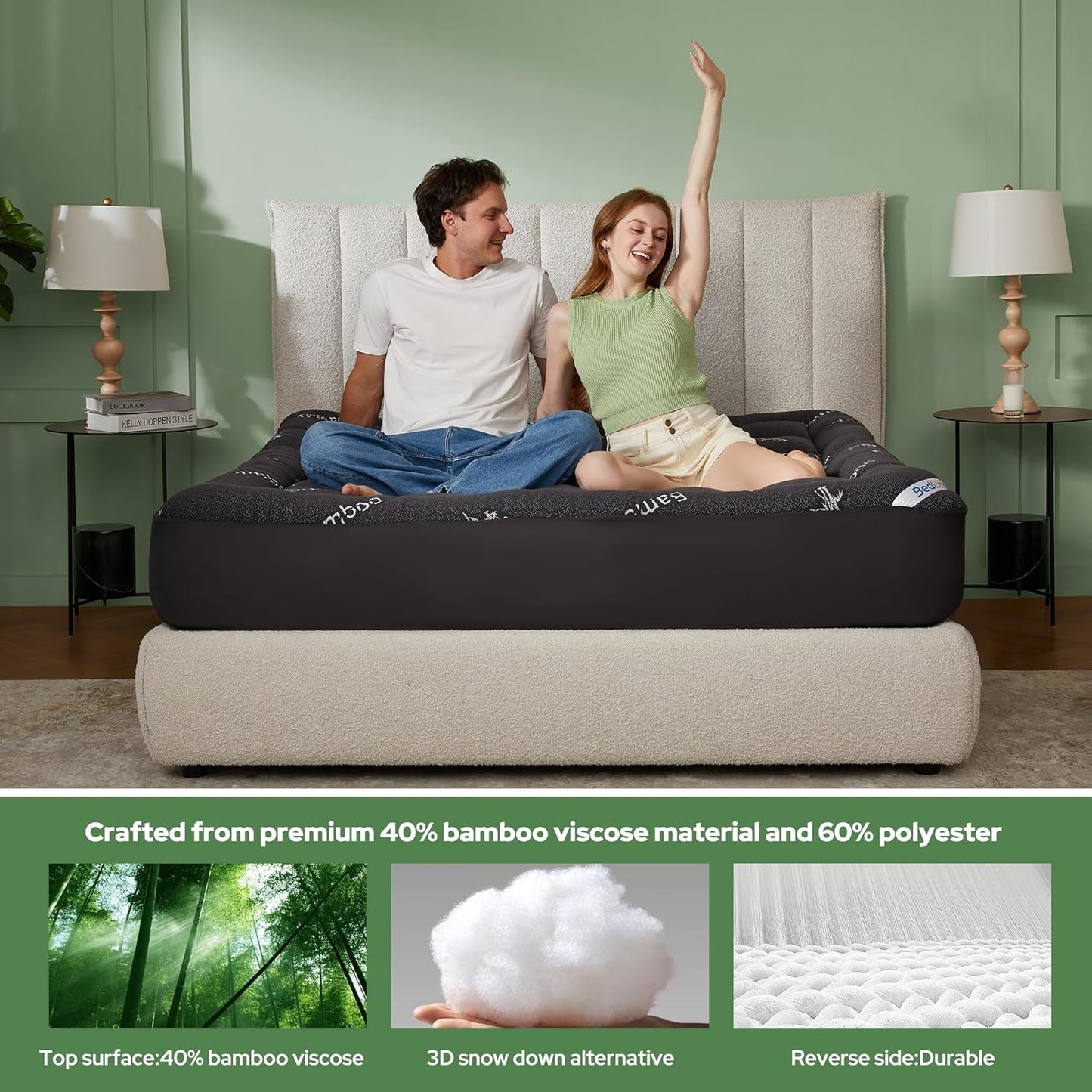 BEDLORE King Mattress Topper - Soft Bamboo Viscose Pillow Top for Back Pain Relief | Dark Gray, Fits 6"-18" Mattresses