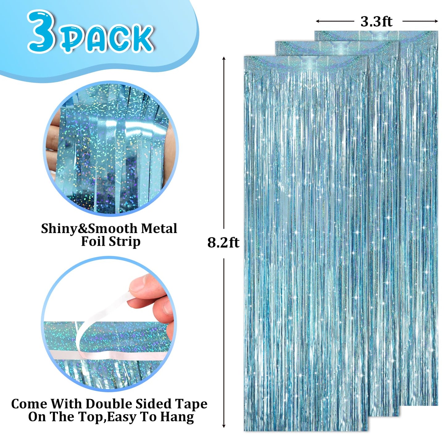 Voircoloria 3 Pack 3.3 x 8.2 ft Laser Blue Foil Fringe Backdrop Curtains, Tinsel Streamers Party Decorations, Fringe Backdrop