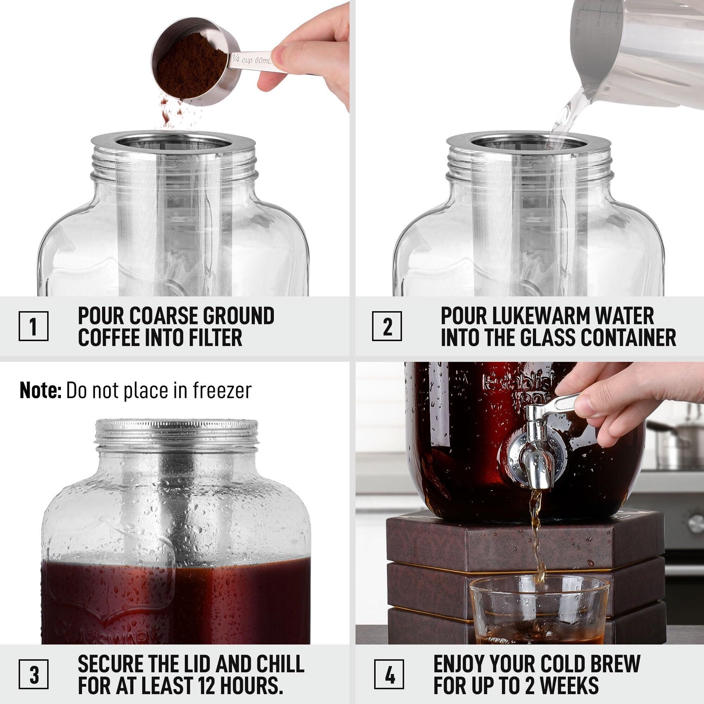 Zulay 1 Gallon/128oz Cold Brew Coffee Maker – Thick Glass Pitcher with Stainless Steel Filter, Lid & Spout – Large Mason Jar Container Dispenser - Iced Coffee & Sun Tea Brewer for Fridge – Silver
