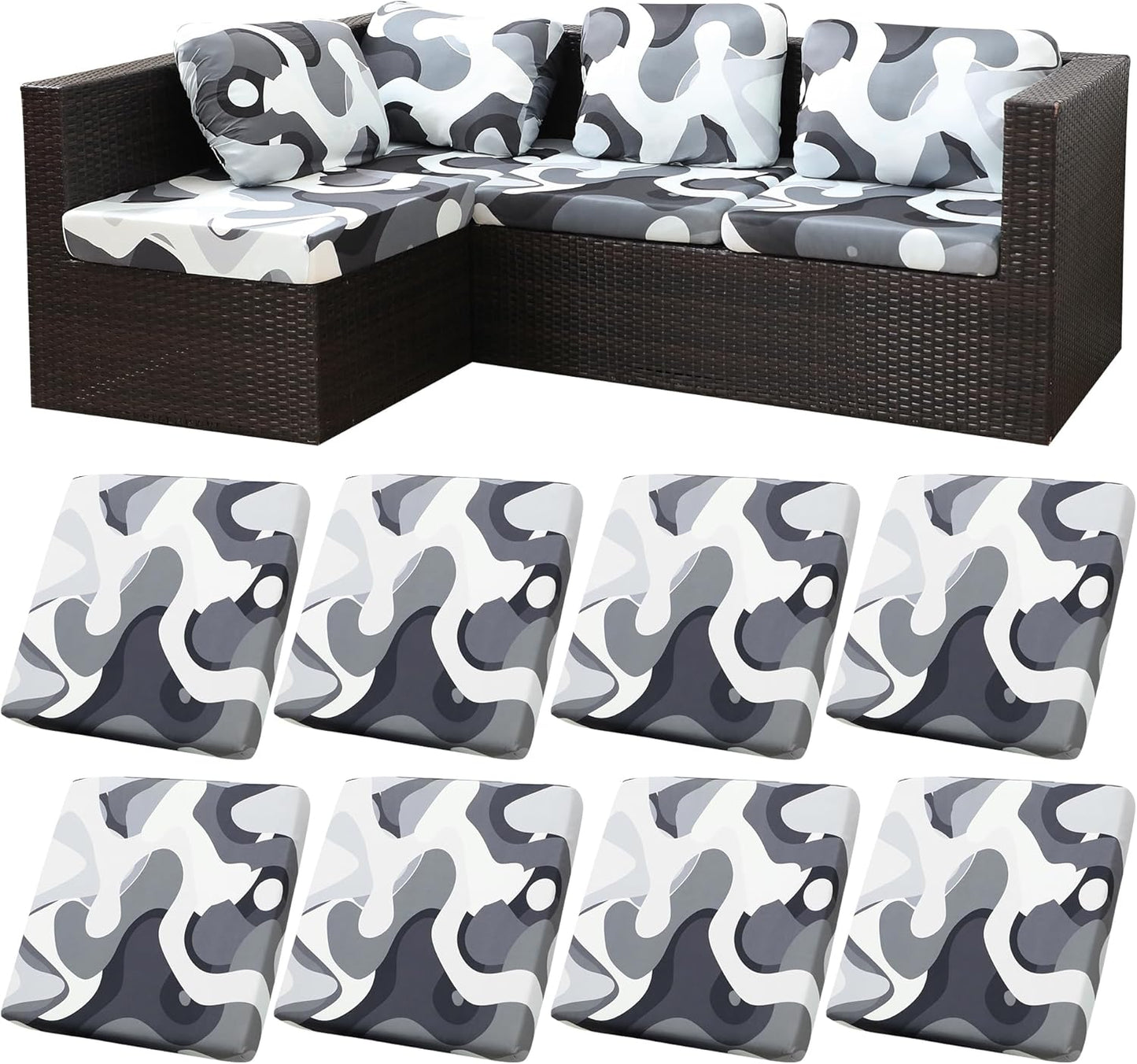 Skiennix 8-Piece Stretch Patio Cushion Covers - Washable Black Camouflage Slipcovers for Outdoor Furniture