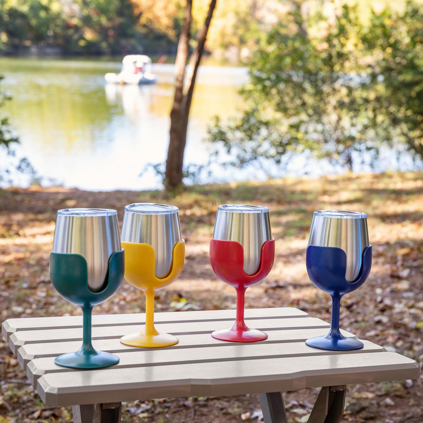 Camco Life is Better at The Campsite Stainless Steel Wine Tumbler 4-Pack - Features Heavy Duty Double Wall Vacuum Insulation & Removable Navy, Red, Green & Yellow Stems - Holds 8-oz Each (53465)